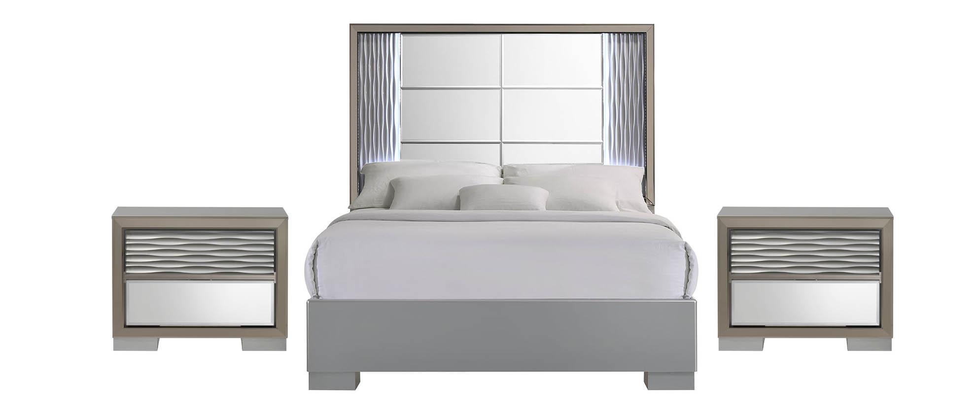 Contemporary Platform Bedroom Set SKYLINE SKYLINE-SILVER-KB-Set-3 in Mirrored, Silver 