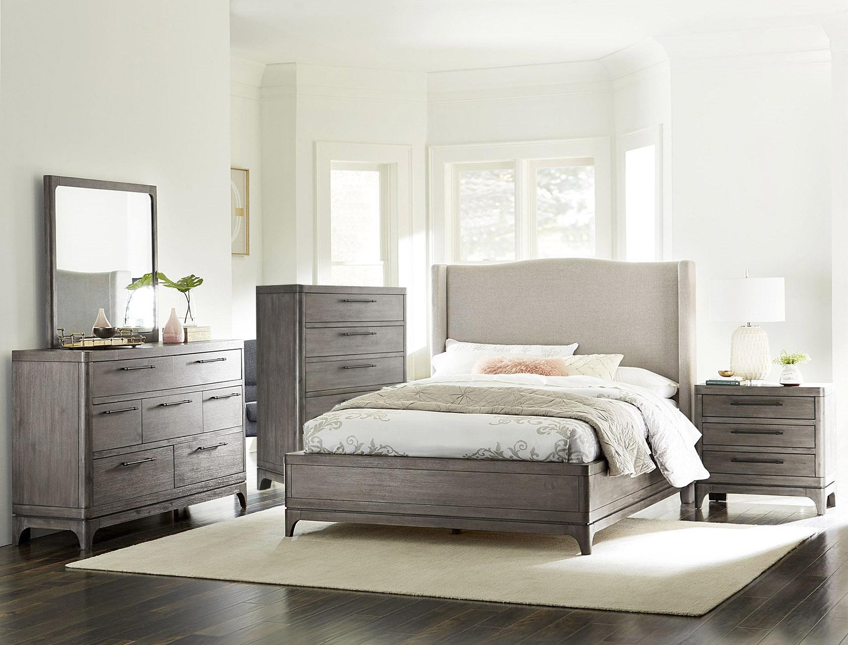 

    
Rustic Slate Gray Upholstered Queen Bedroom Set 5Pcs w/Chest CICERO by Modus Furniture
