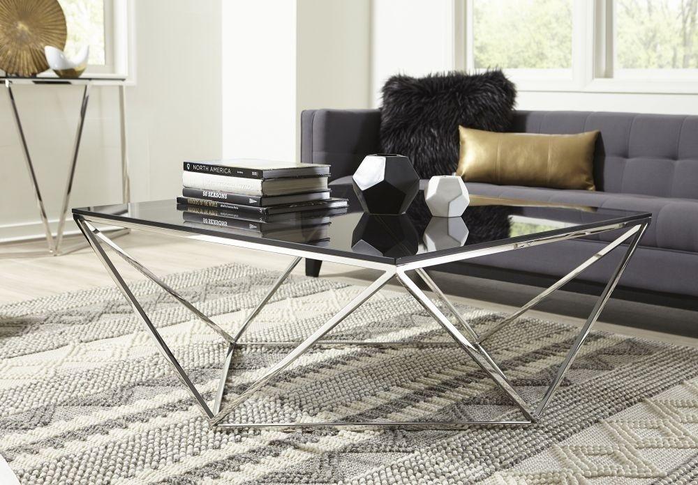 

    
Smoked Glass and Polished Stainless Steel Coffee Table Set 3Pcs ARIA by Modus Furniture
