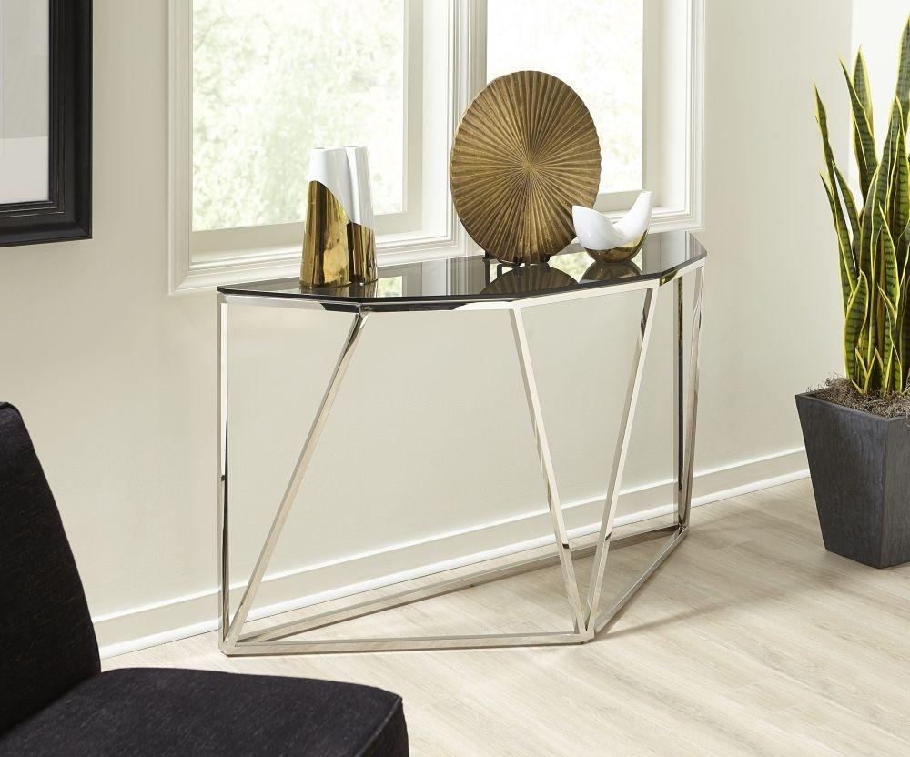 

    
Smoked Glass and Polished Stainless Steel Console Table ARIA by Modus Furniture
