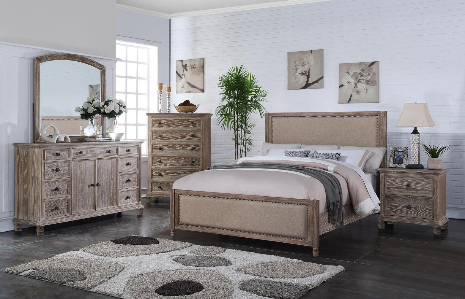 

    
Soflex Heather Rustic Aged Oak Fabric King Bedroom Set 5Pcs Chest Contemporary
