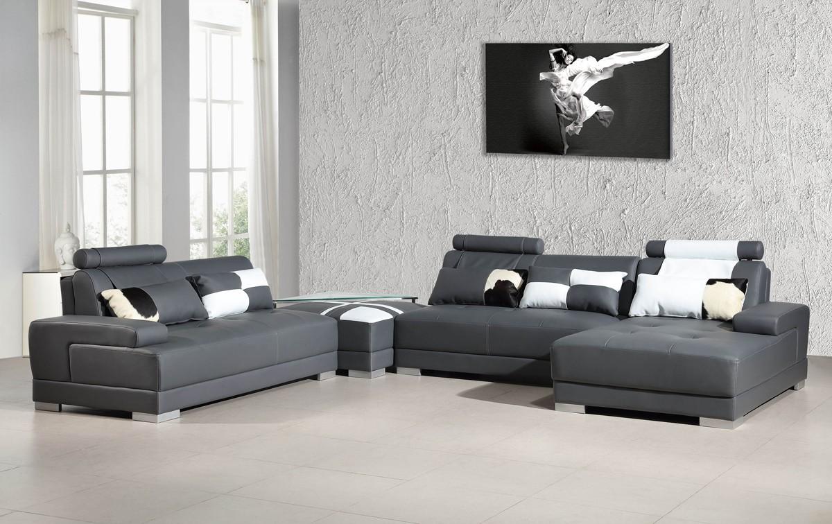 

    
Modern Grey Faux Leather Sectional Sofa Living Room Set 4P Right Soflex Memphis
