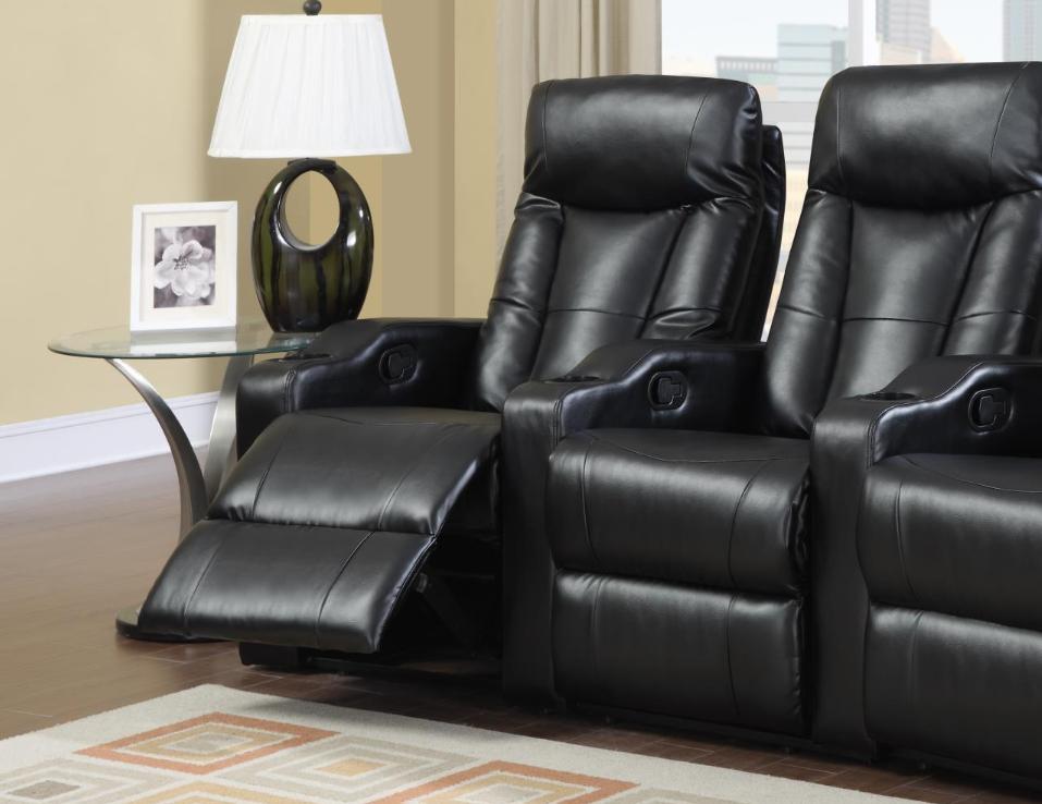 

    
Soflex Noor Black Bonded Leather Reclining Home Theater Seating Row of 3 Seats
