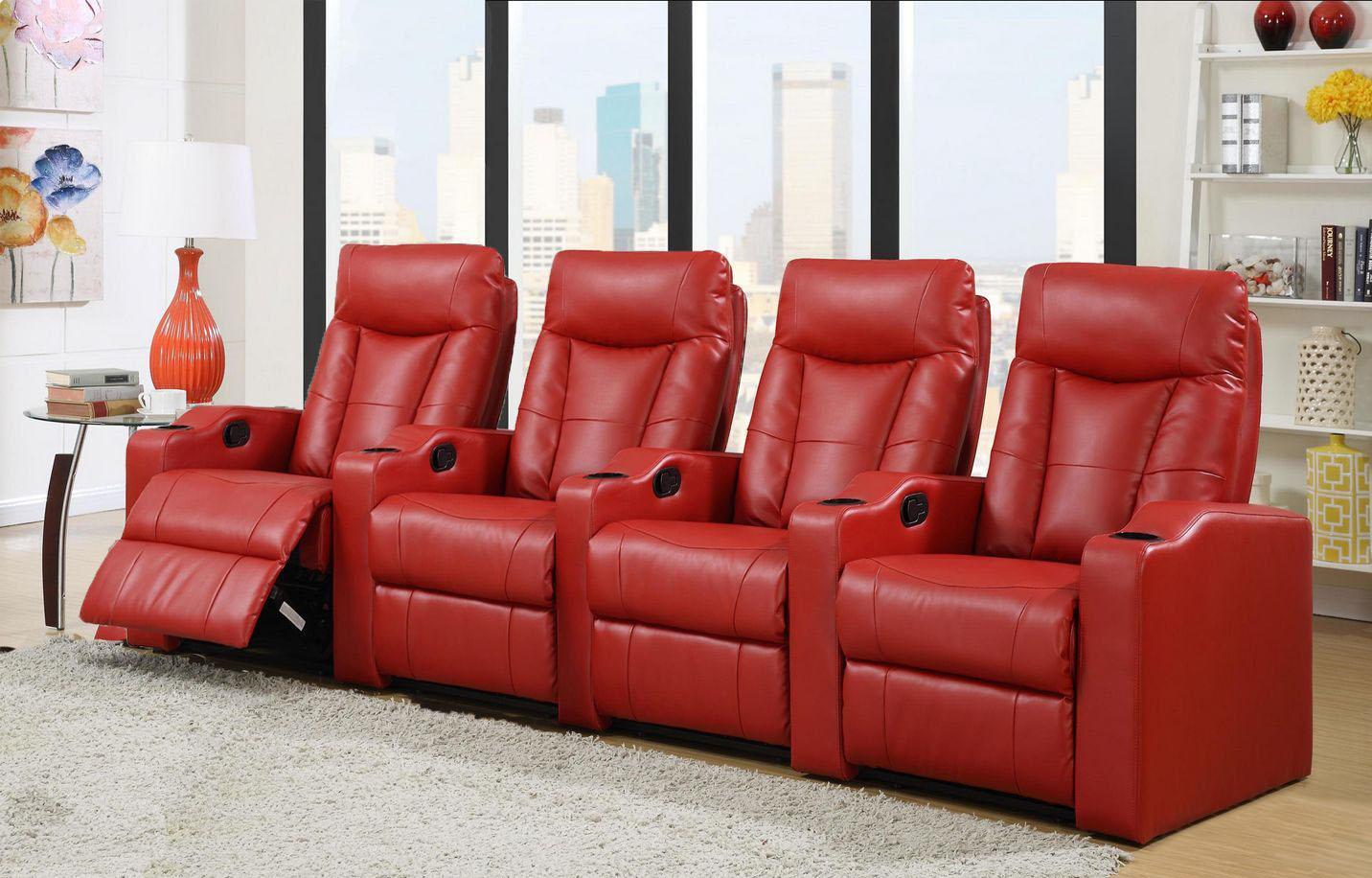 

    
Soflex Noor Red Bonded Leather Reclining Home Theater Seating Row of 4 Seats
