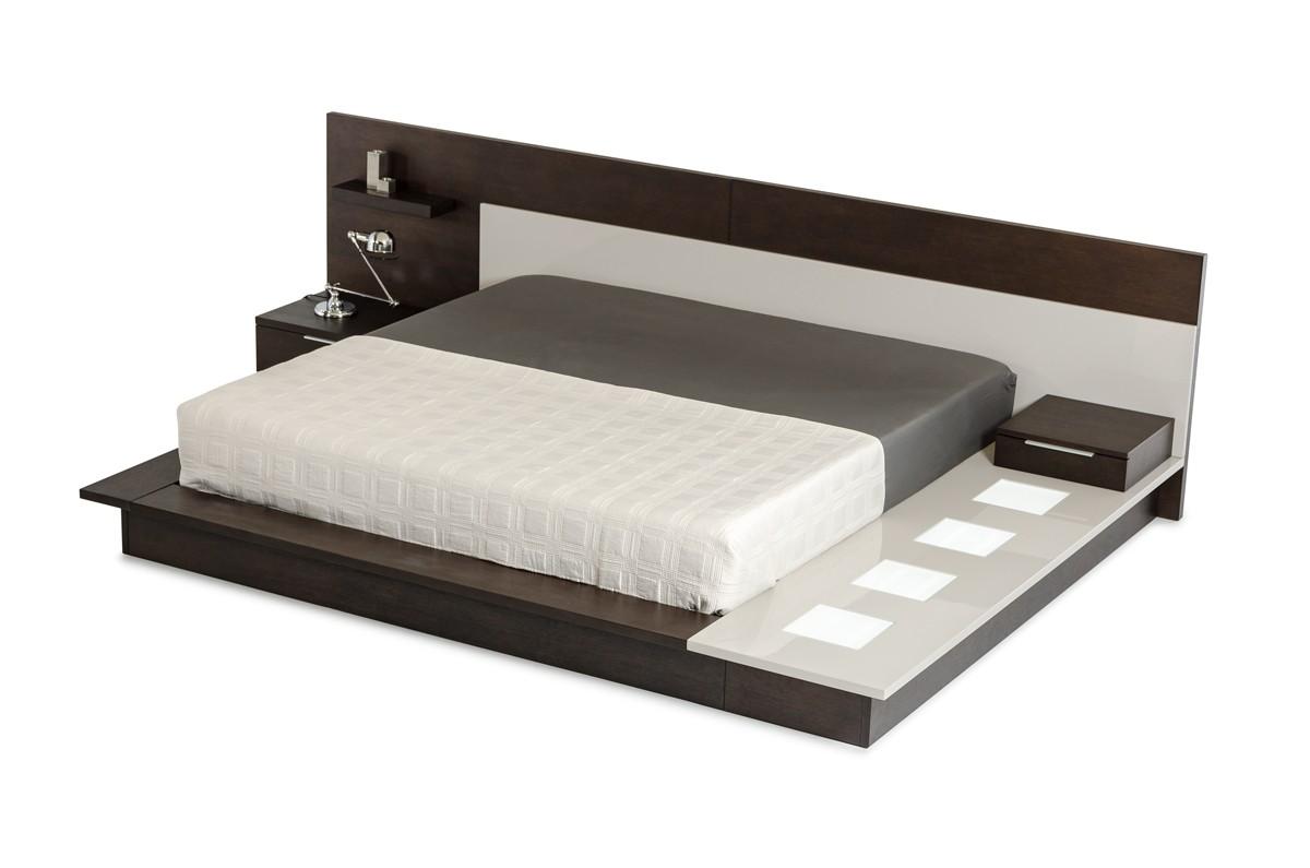 

    
Soflex Rochester Modern Brown Oak Grey Platform Queen Bed w/ Lights Built-in Nightstands
