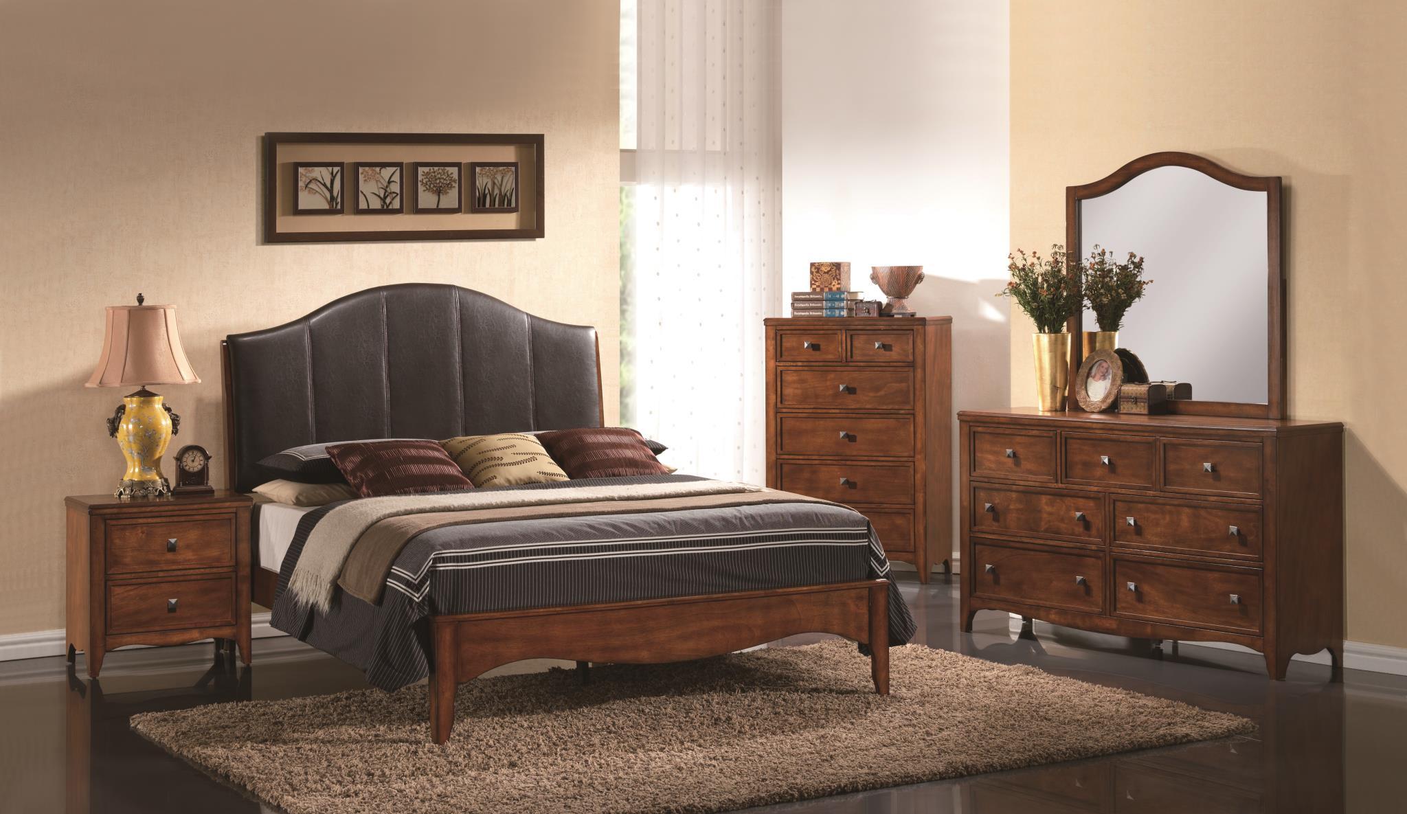 

    
Soflex Sharon Cherry Finish Black Leather King Bed Traditional Classic
