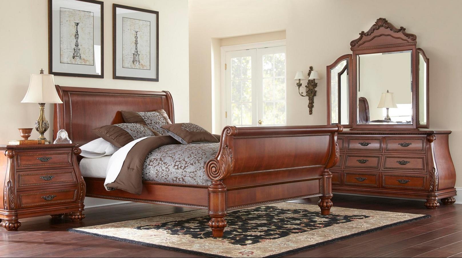 

    
Soflex Stevie Cherry Brown Wood King Sleigh Bedroom Set 4Pcs Classic Traditional
