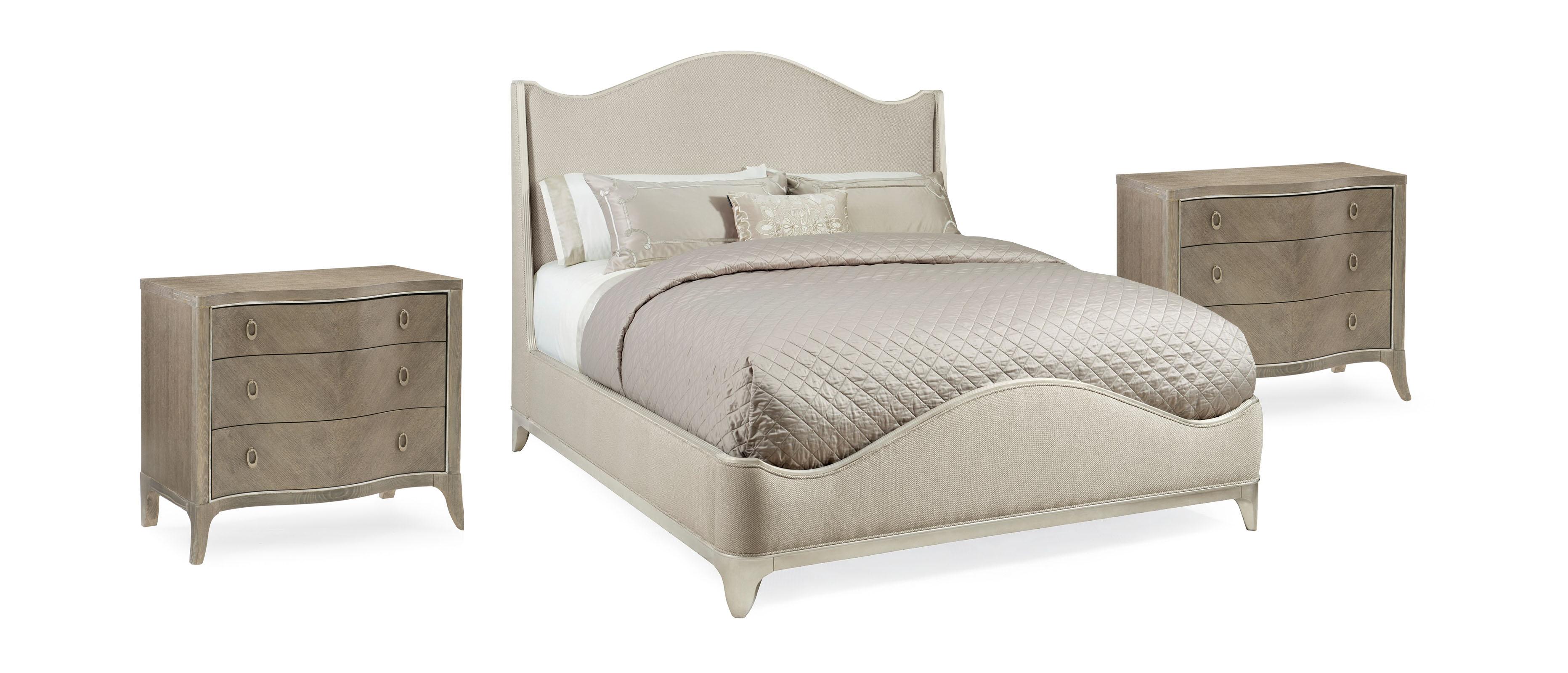Contemporary Sleigh Bedroom Set AVONDALE KING UPHOLSTERED BED / AVONDALE NIGHTSTAND C023-417-121-Set-3 in Cream, Silver Fabric