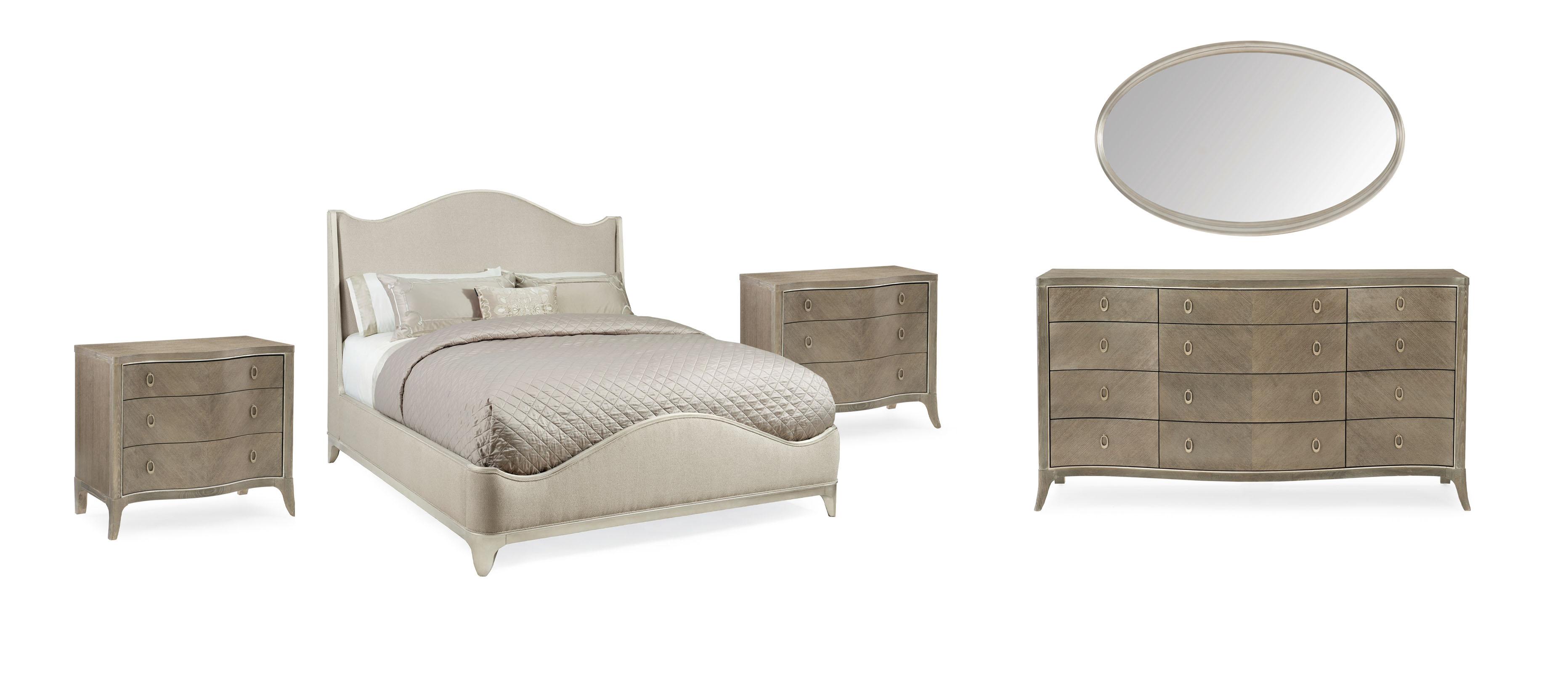Contemporary Sleigh Bedroom Set AVONDALE KING UPHOLSTERED BED / AVONDALE NIGHTSTAND / AVONDALE  DRESSER / AVONDALE  MIRROR C023-417-121-Set-5 in Cream, Silver Fabric