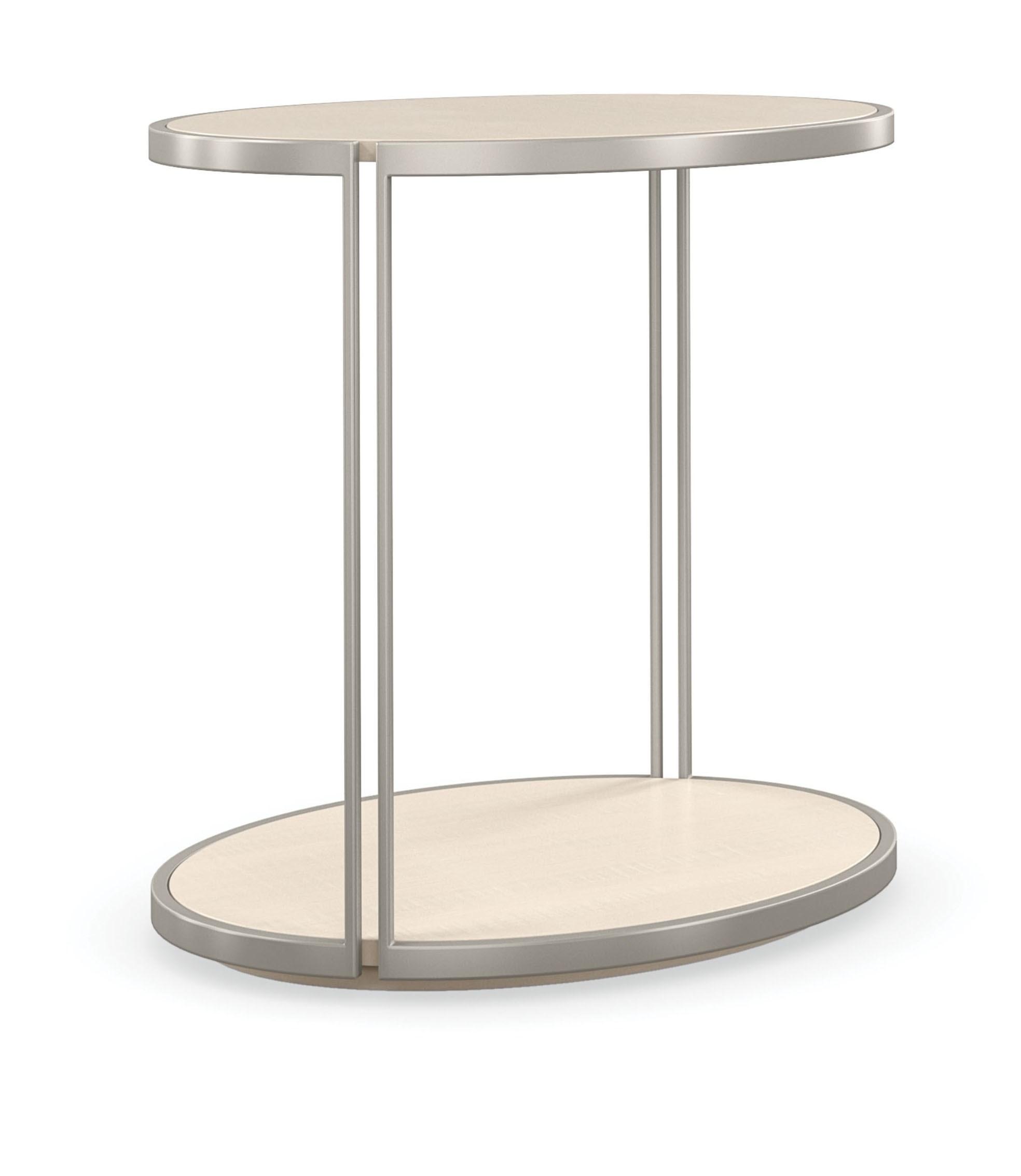 

    
Soft Silver Paint & Vanilla Cream Oval End Table SIDE VIEW by Caracole
