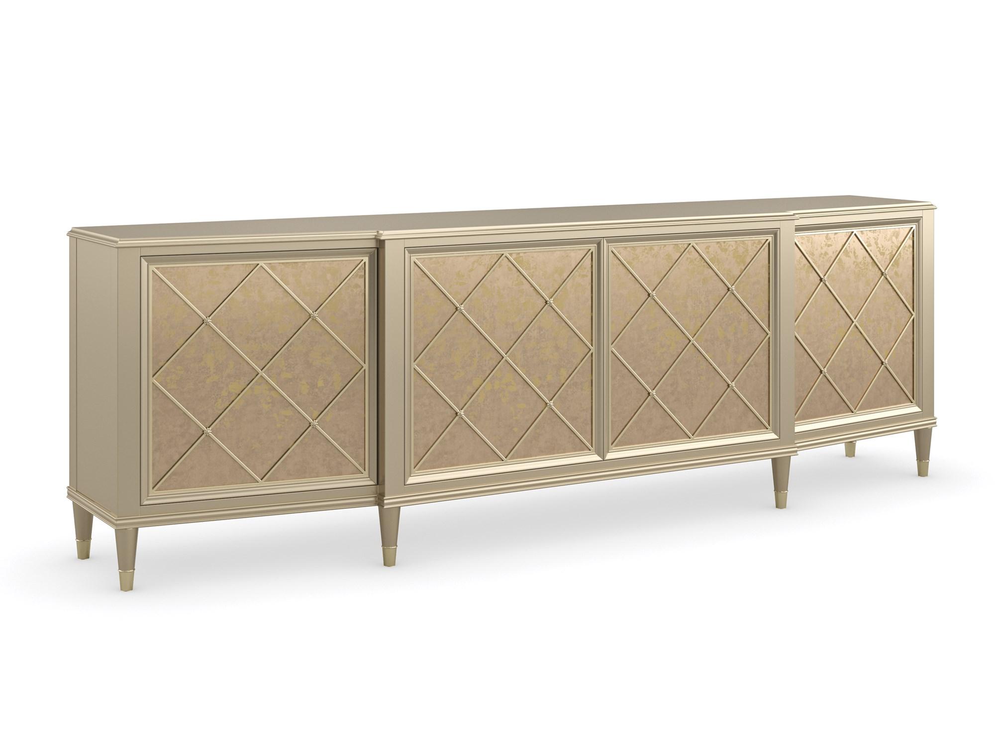 

    
Soft Silver Paint & Whisper of Gold Console Table STAR OF THE SHOW by Caracole

