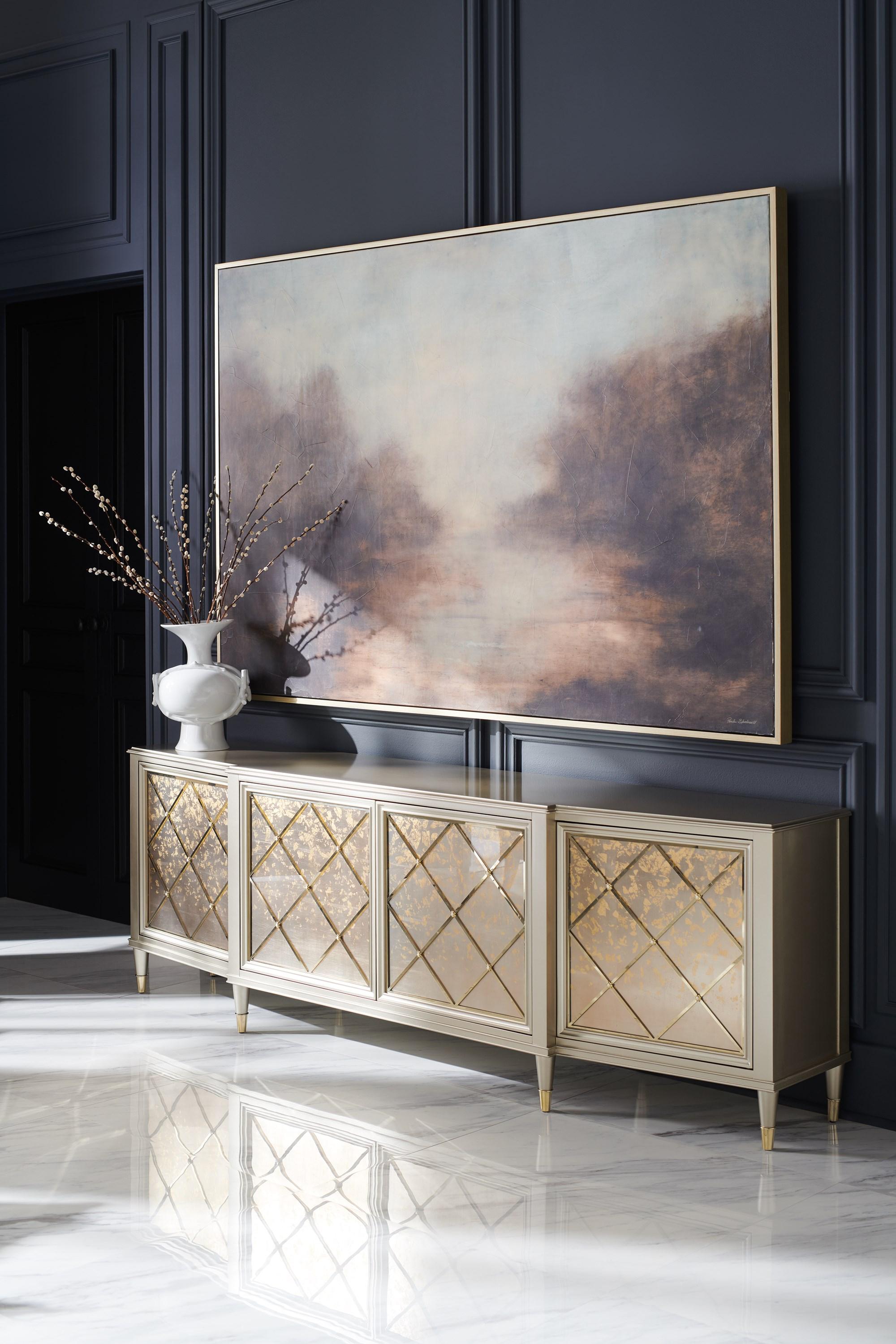 

    
Soft Silver Paint & Whisper of Gold Console Table STAR OF THE SHOW by Caracole
