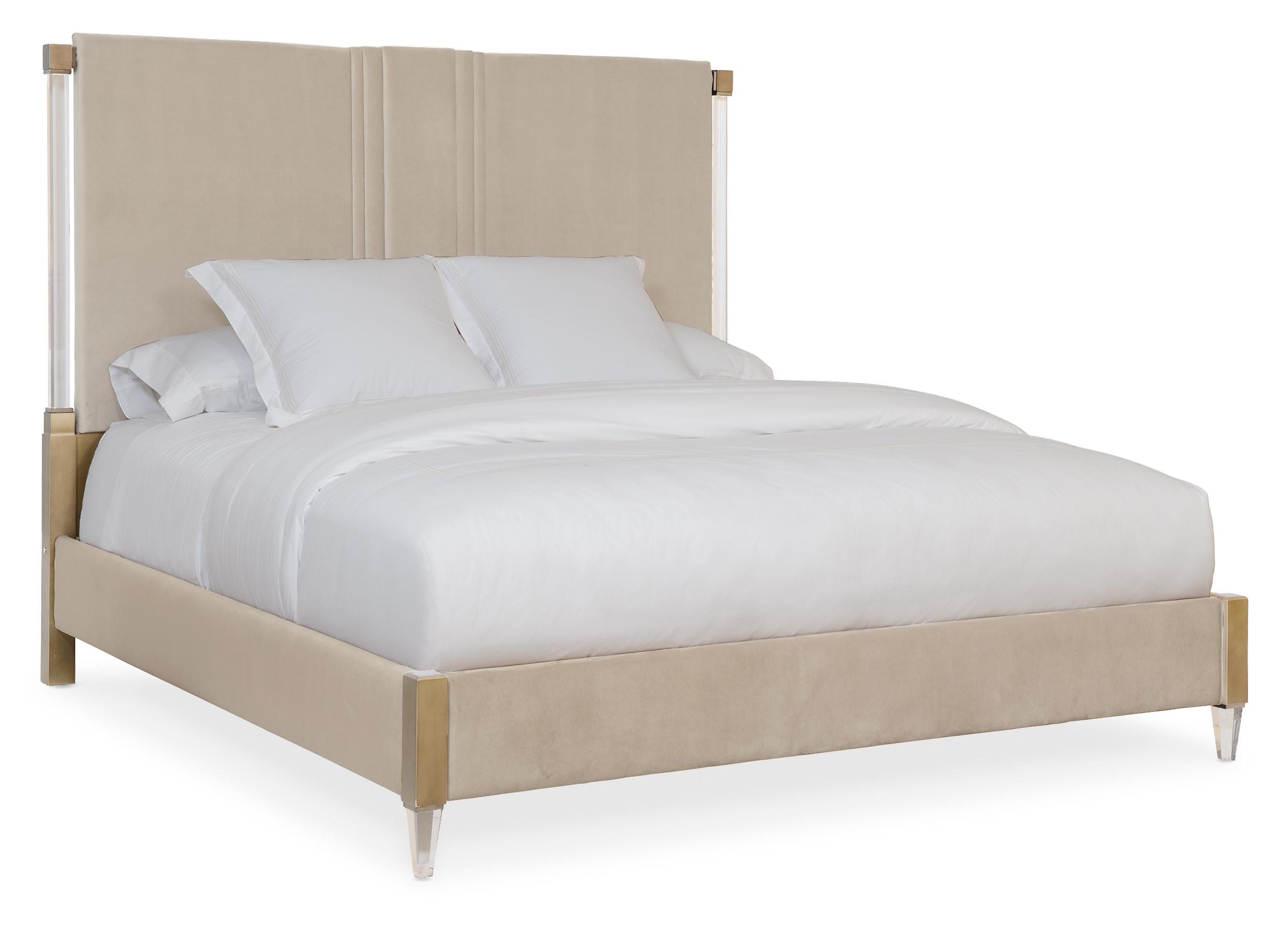 

    
Softest Shade Of Sand Finish Acrylic Legs Queen Bed Light Up Your Life by Caracole
