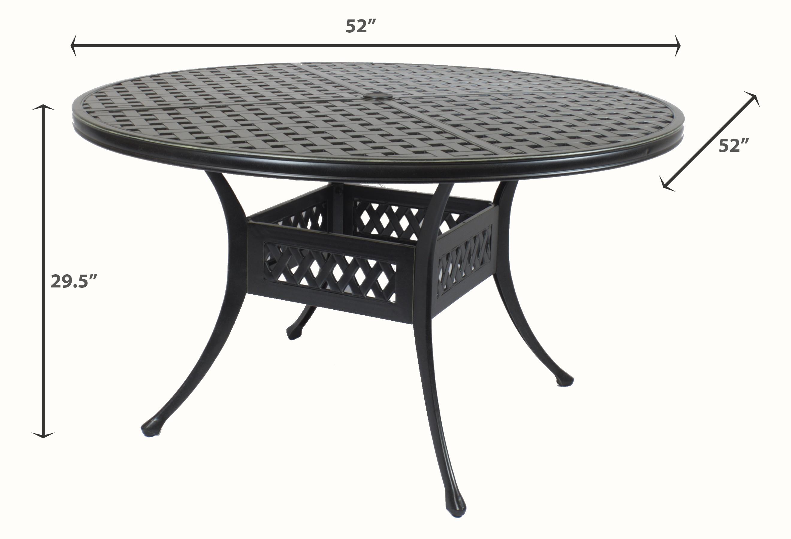 

    
St. Tropez Cast Alumnium Fully Welded 52" Round Dining Table by CaliPatio
