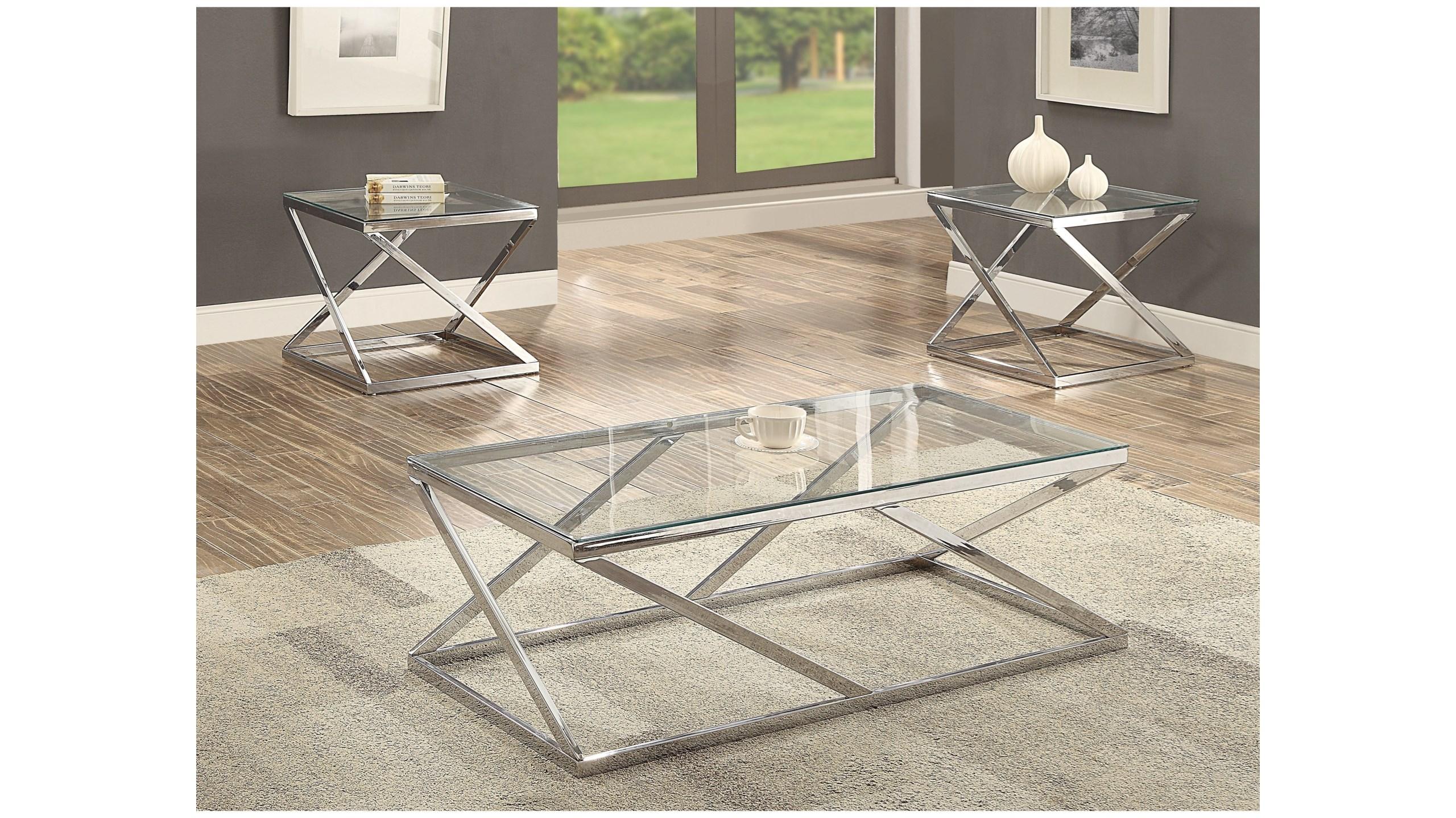 Modern Coffee Table and 2 End Tables Chase 3272SET in Chrome, Clear 