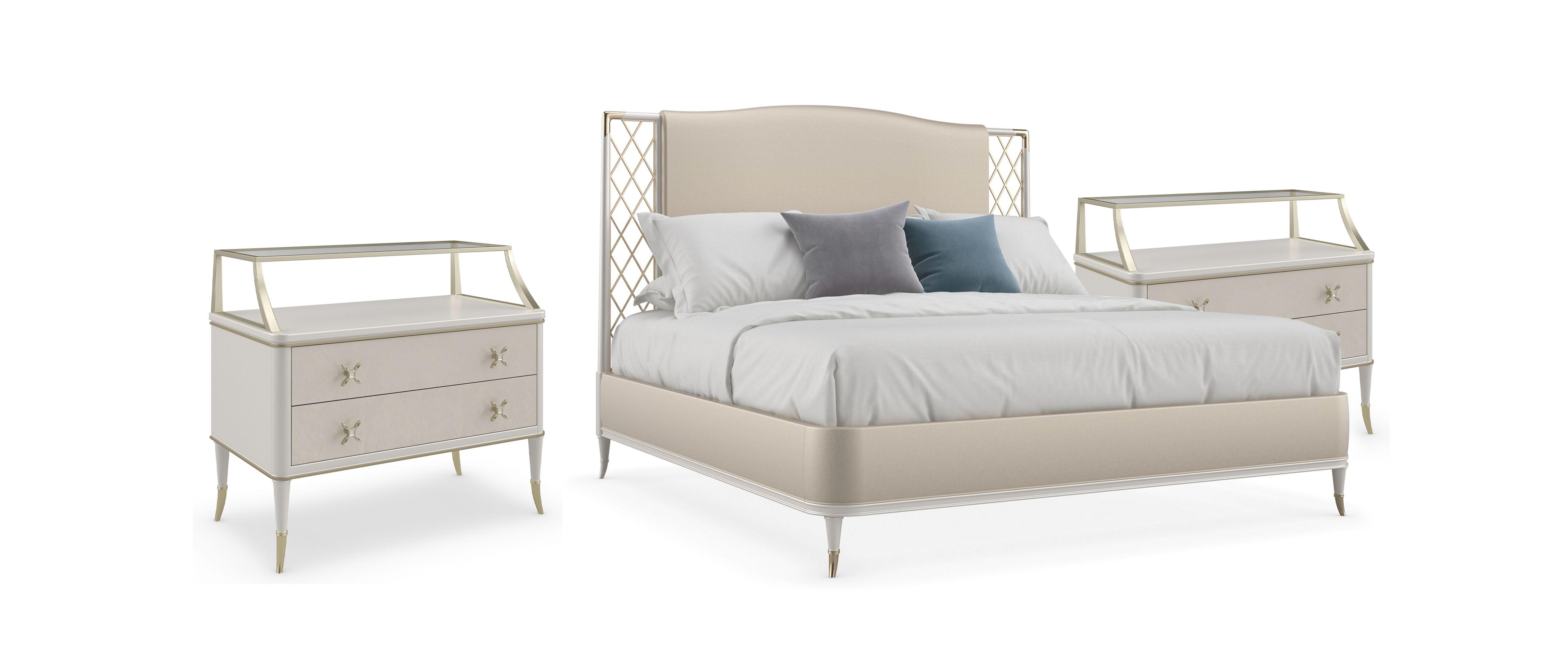 Contemporary Platform Bedroom Set STAR OF THE NIGHT-KING / ALL DOLLED UP CLA-021-121-2N-3PC in Cream, Gold Velvet