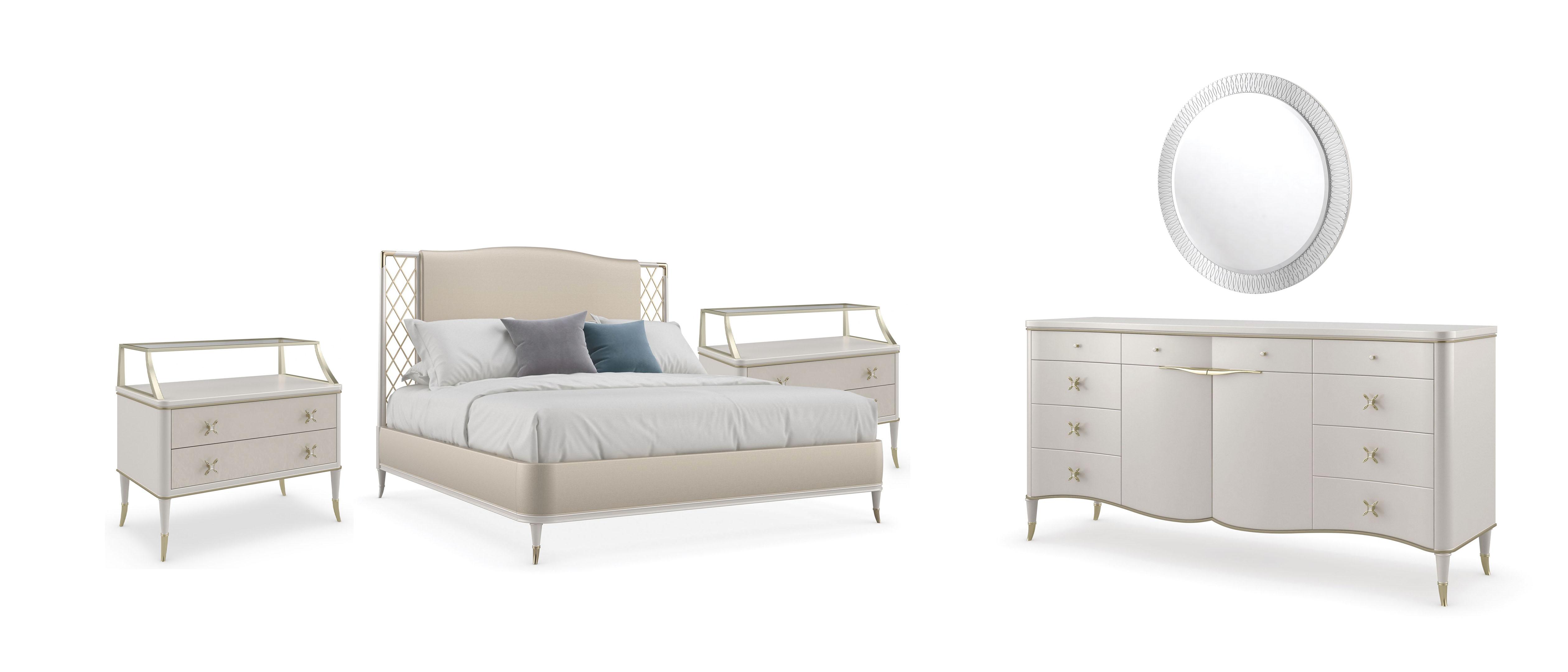 Contemporary Platform Bedroom Set STAR OF THE NIGHT-KING / ALL DOLLED UP / BELLE OF THE BALL / PAST REFLECTIONS CLA-021-121-2NDM-5PC in Cream, Gold Velvet