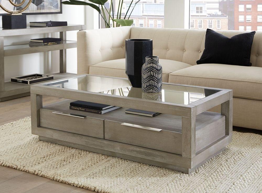 

    
Mineral Gray Glass Top Coffee Table w/2 Drawers OXFORD by Modus Furniture
