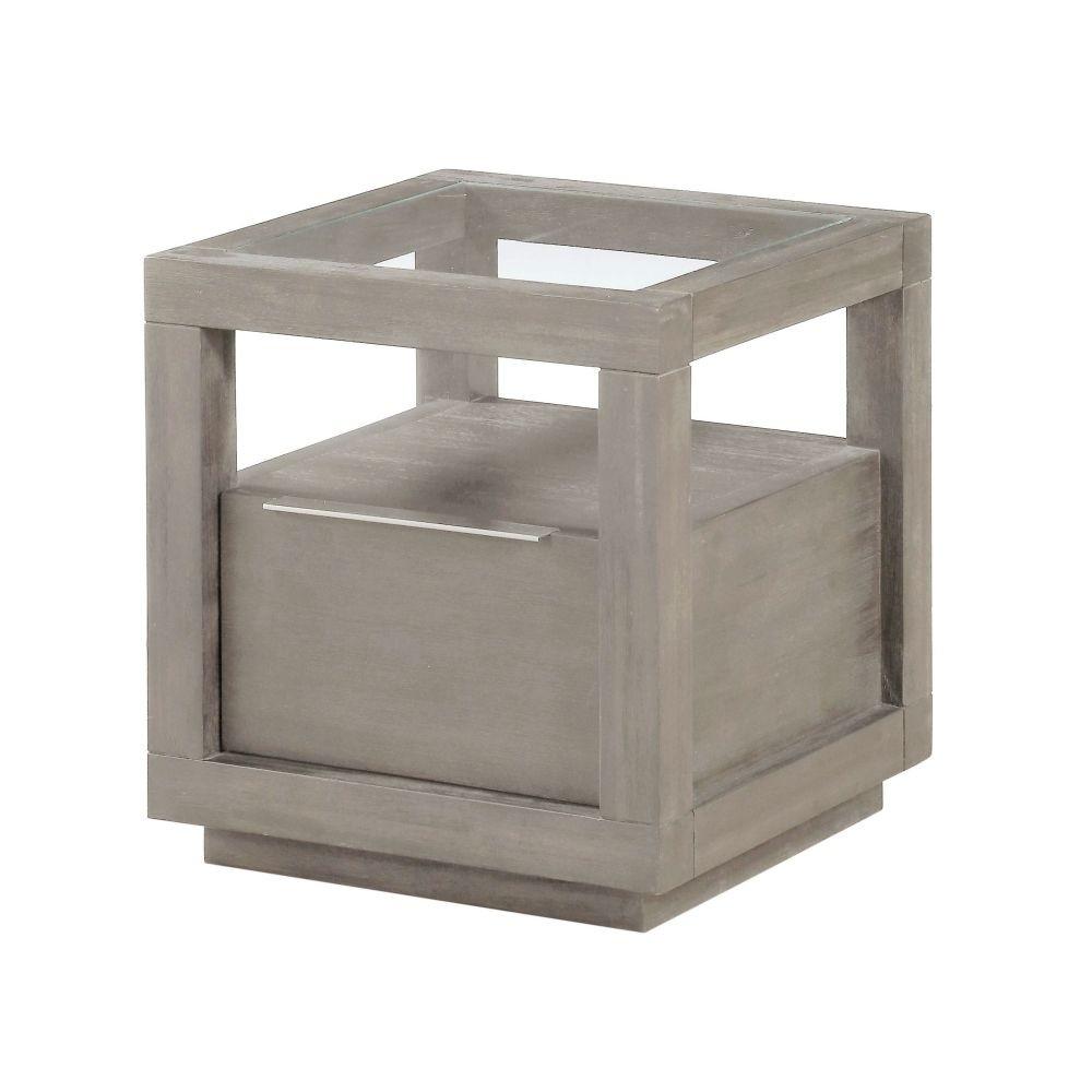 

    
Mineral Gray Glass Top End Table w/ Drawer and Shelf OXFORD by Modus Furniture
