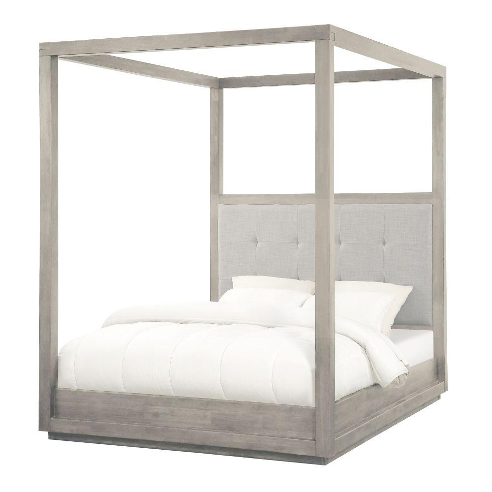 Contemporary Canopy Bed OXFORD CANOPY AZBXH6 in Light Gray, Stone Fabric