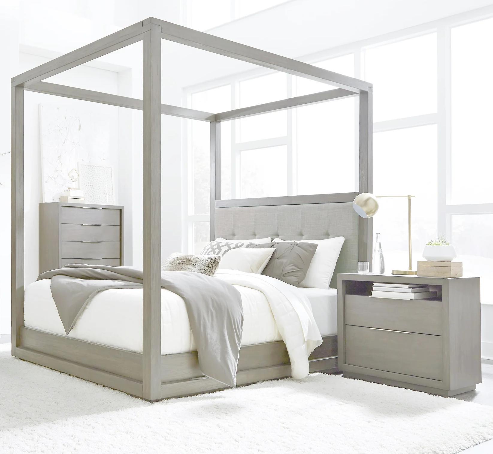 Contemporary Canopy Bedroom Set OXFORD CANOPY AZBXH7-2N-3PC in Light Gray, Stone Fabric