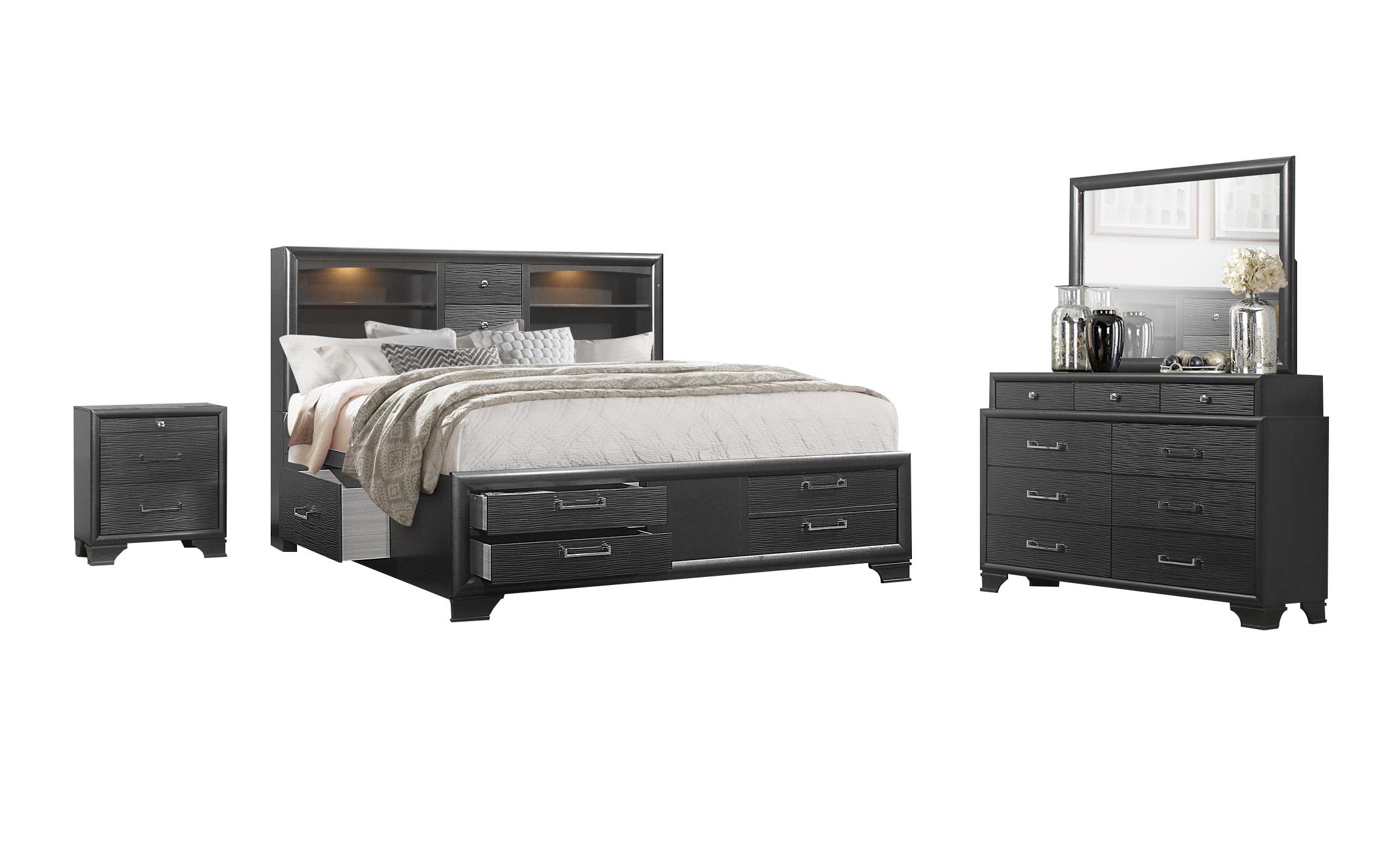 

    
JORDYN Gray Rubberwood Storage Queen Bed Set 4Pcs w/ Plenty of Drawers Global US
