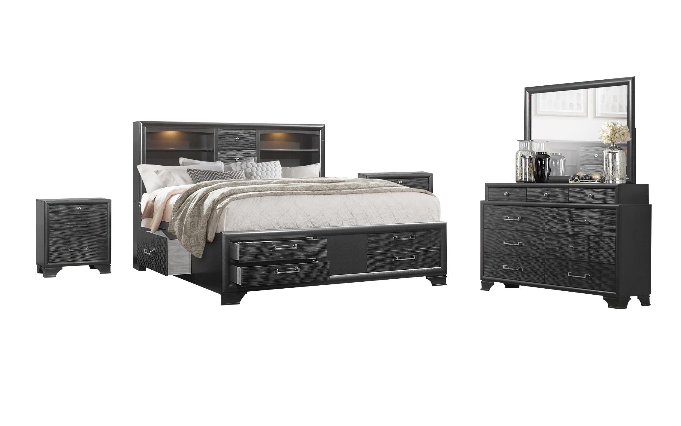 

    
JORDYN Gray Rubberwood Storage Queen Bed Set 5Pcs w/ Plenty of Drawers Global US
