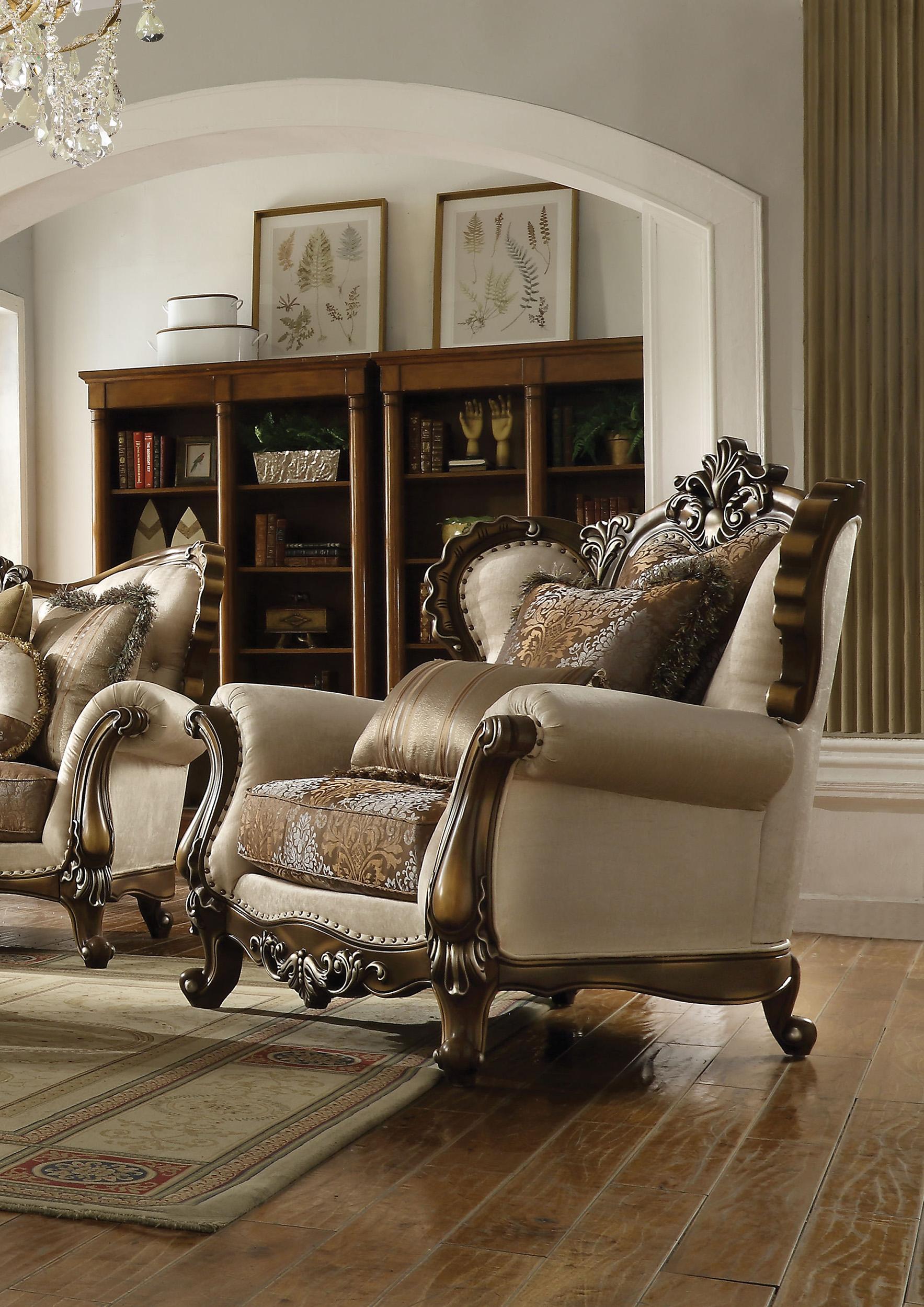 

    
Tan Fabric & Antique Oak Arm Chair Latisha 52117 ACME Traditional Classic
