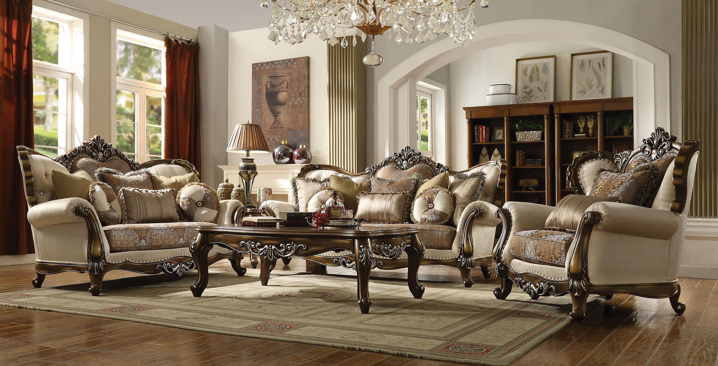 

    
Tan Fabric & Antique Oak Sofa Set 3 Latisha 52115 ACME Traditional Classic
