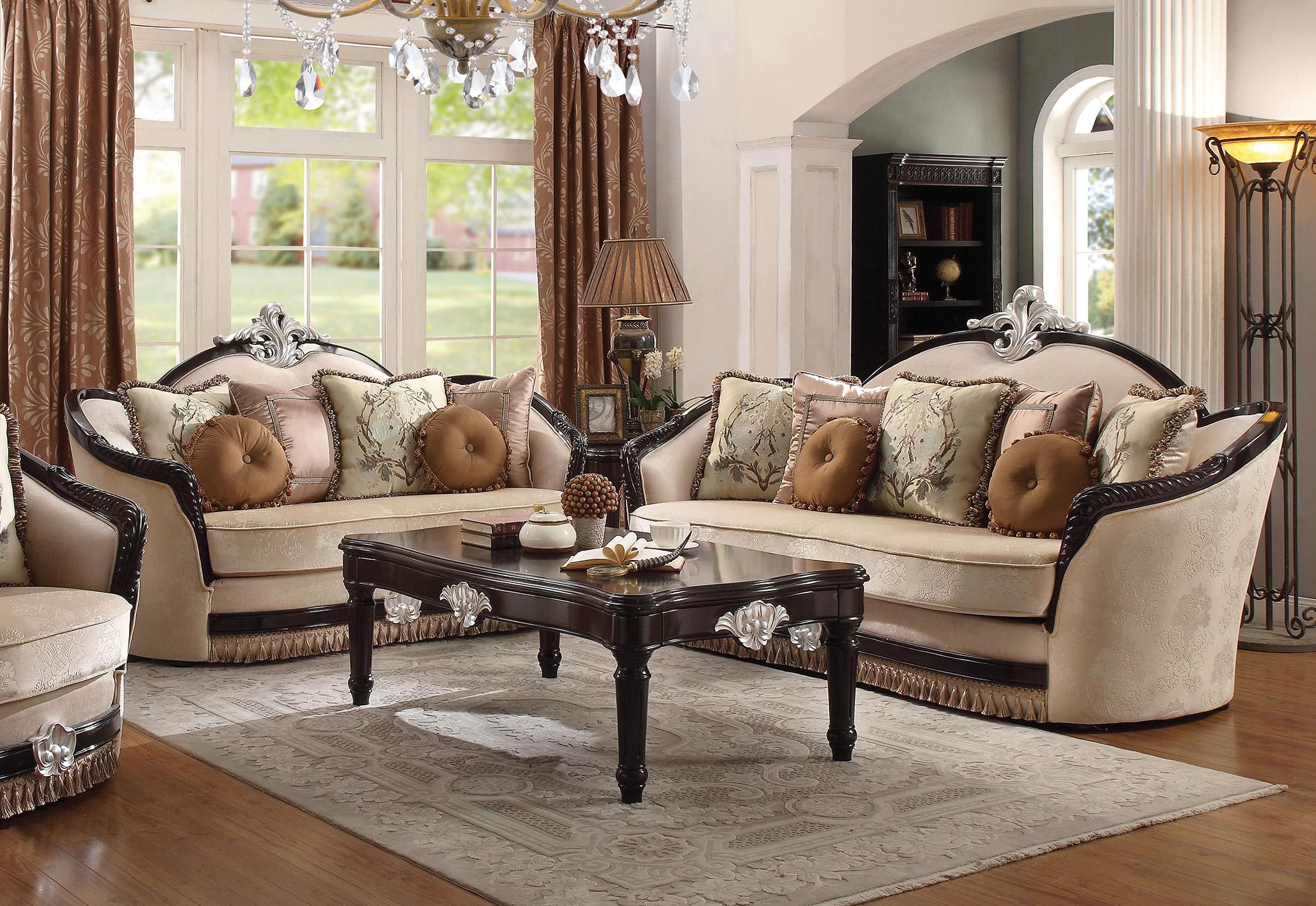 

    
Ernestine-52110-Set-3 Luxury Sofa Set 3Pcs Ernestine-52110 Tan Fabric & Black Wood Acme Traditional

