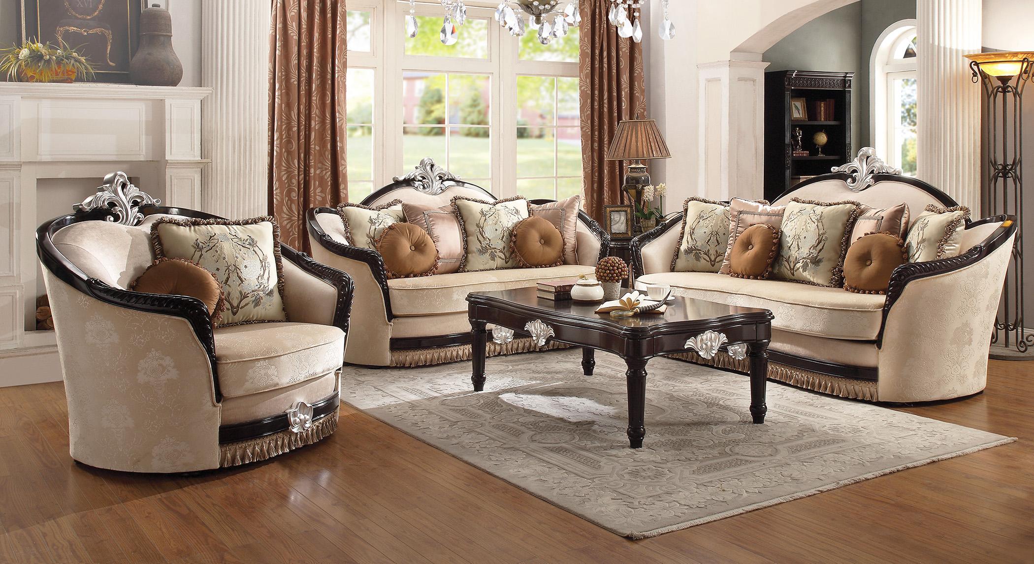 

    
Luxury Sofa Set 5 Pcs Ernestine-52110 Tan Fabric & Black Wood Acme  Traditional
