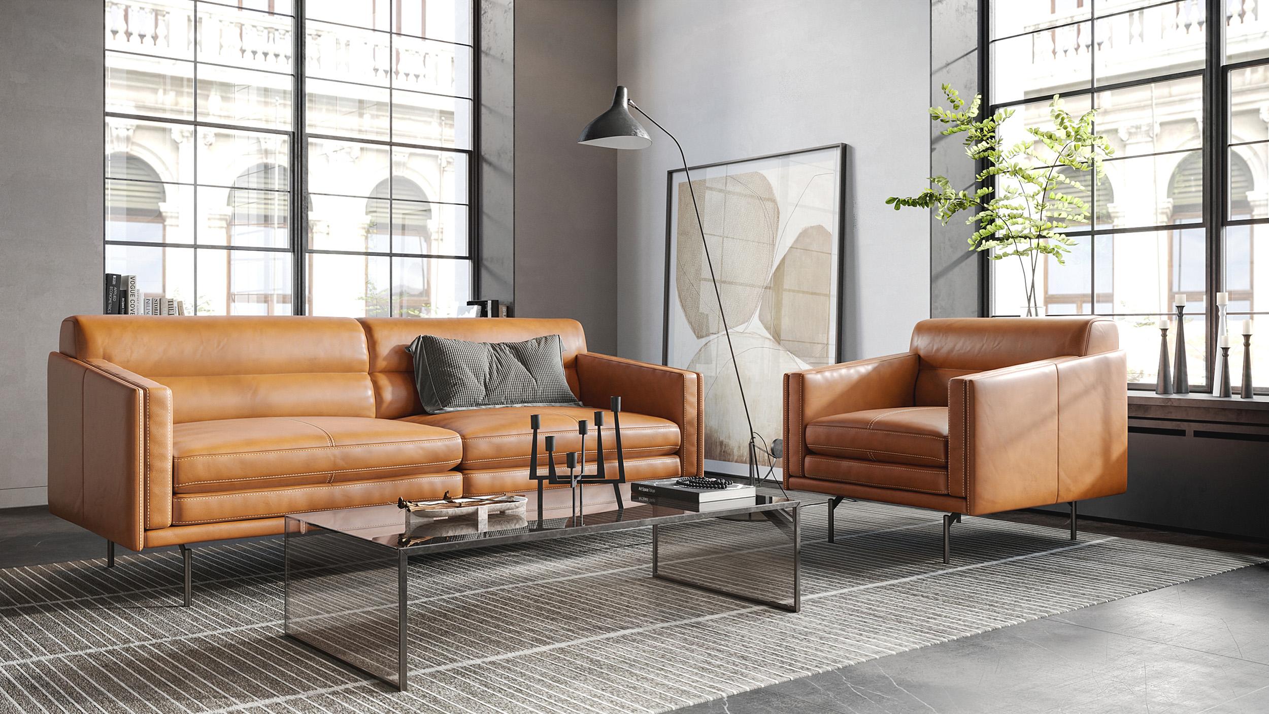 

    
Tan Genuine Leather Sofa & Armchair Set 2Pcs McCoy 442 Moroni Contemporary
