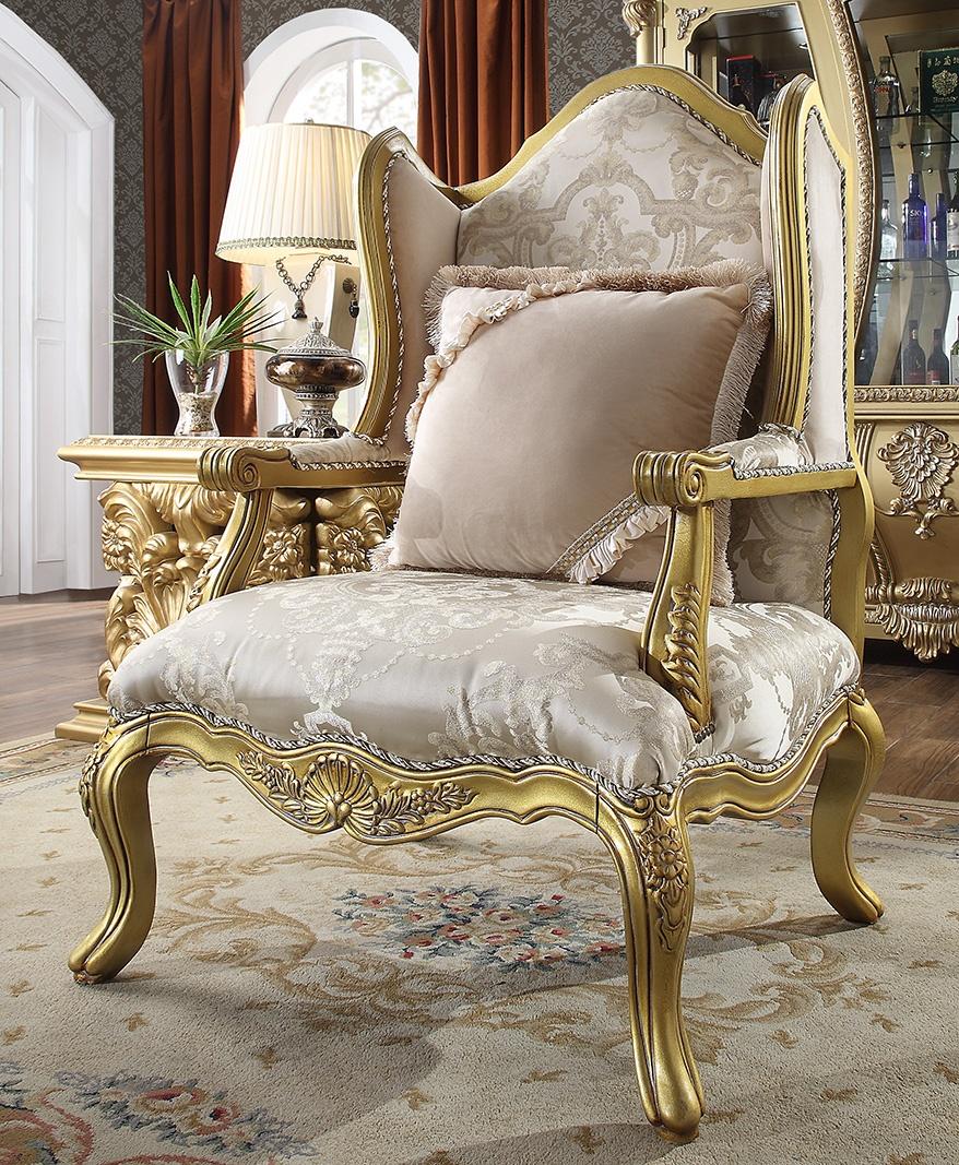 Traditional Arm Chairs HD-105 HD-C105 in Gold Finish, Tan Fabric