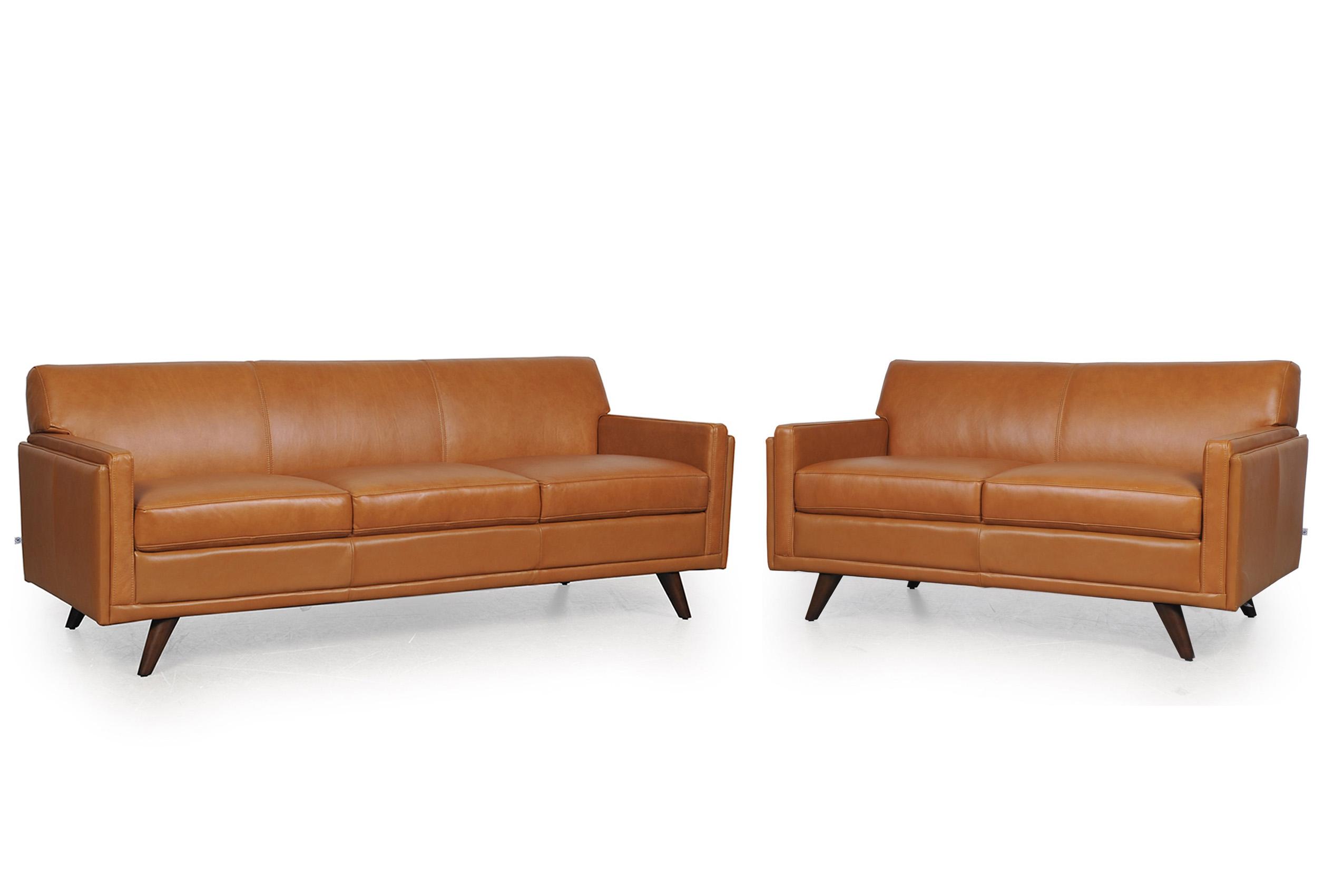 

    
Tan Top Grain Leather Sofa & Loveseat Set 2Pcs Milo 361 Moroni Mid-Century
