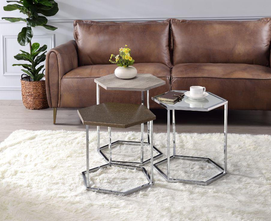 

    
Acme Furniture Simno Nesting Tables Chrome/Taupe/Gray 82105
