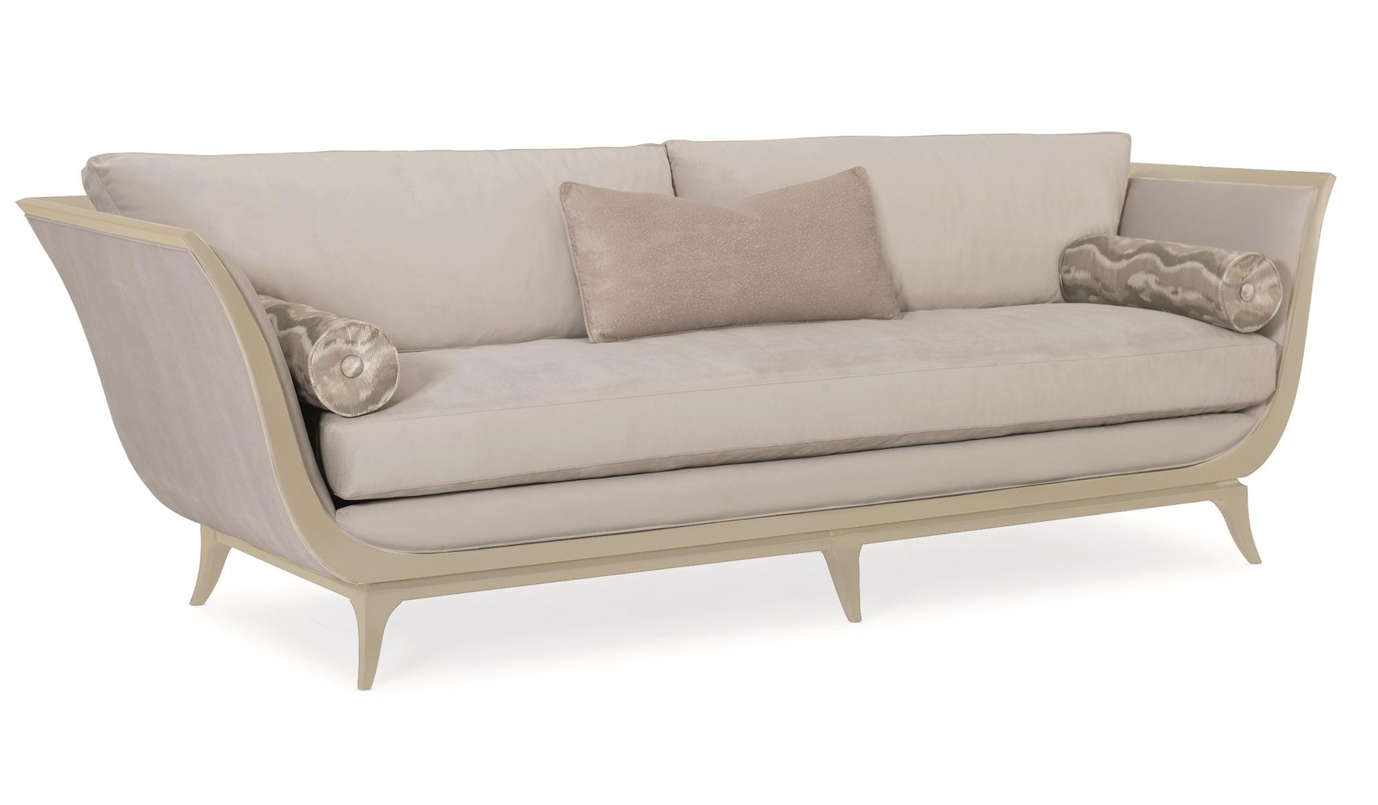 

    
Taupe Paint Finish Curvaceous Upholstered Sofa LOVE A-FLAIR by Caracole
