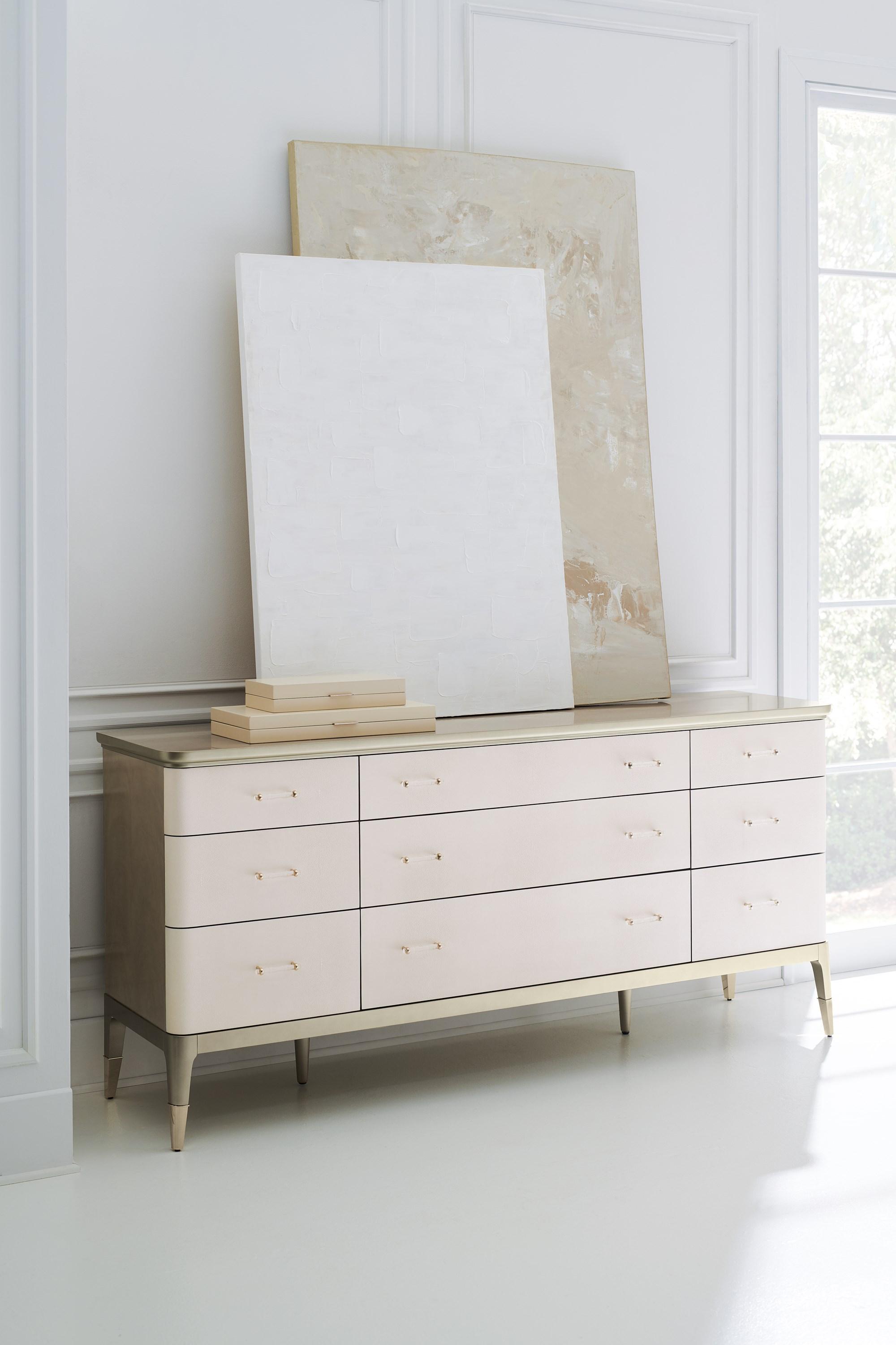 

    
Taupe Paint & Silver Swirl Mahogany Finish Dresser DREAMY by Caracole
