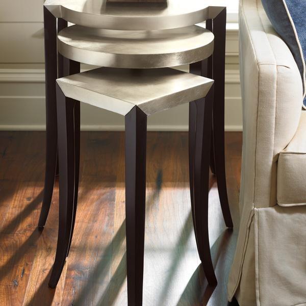 

    
Taupe Silver Leaf top W/ Satin Ebony Legs 3 x End Tables OUT & ABOUT by Caracole

