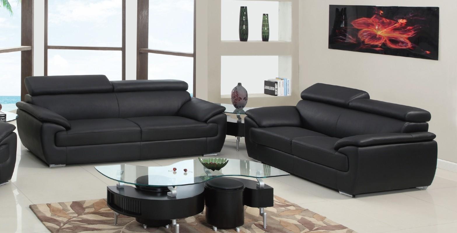Contemporary Sofa and Loveseat Set Teagan SKU: HTBO1007 in Black Leather Match