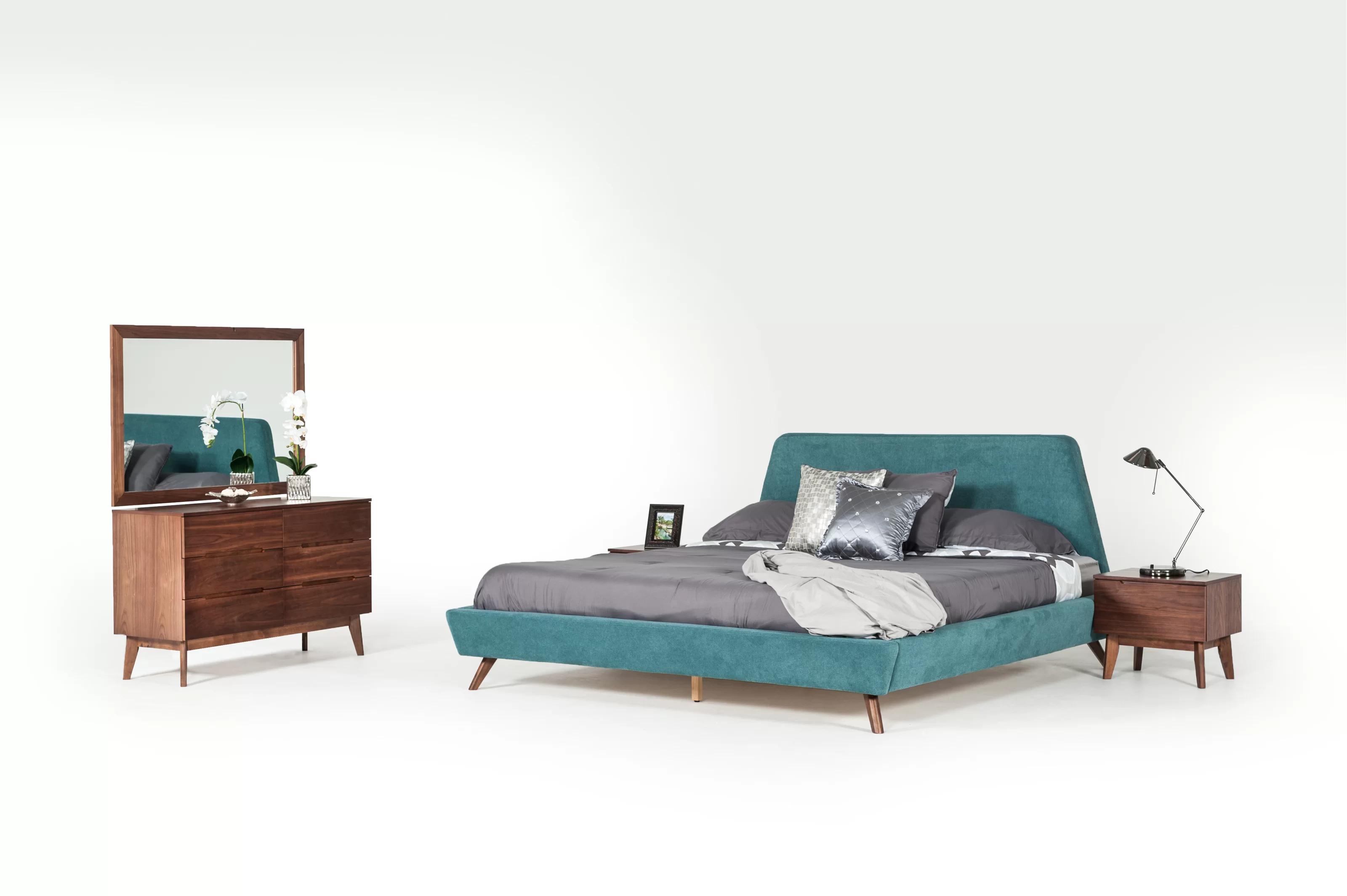 Contemporary, Modern Panel Bedroom Set Lewis VGMABR-36-BED-K-5pcs in Walnut, Teal Fabric