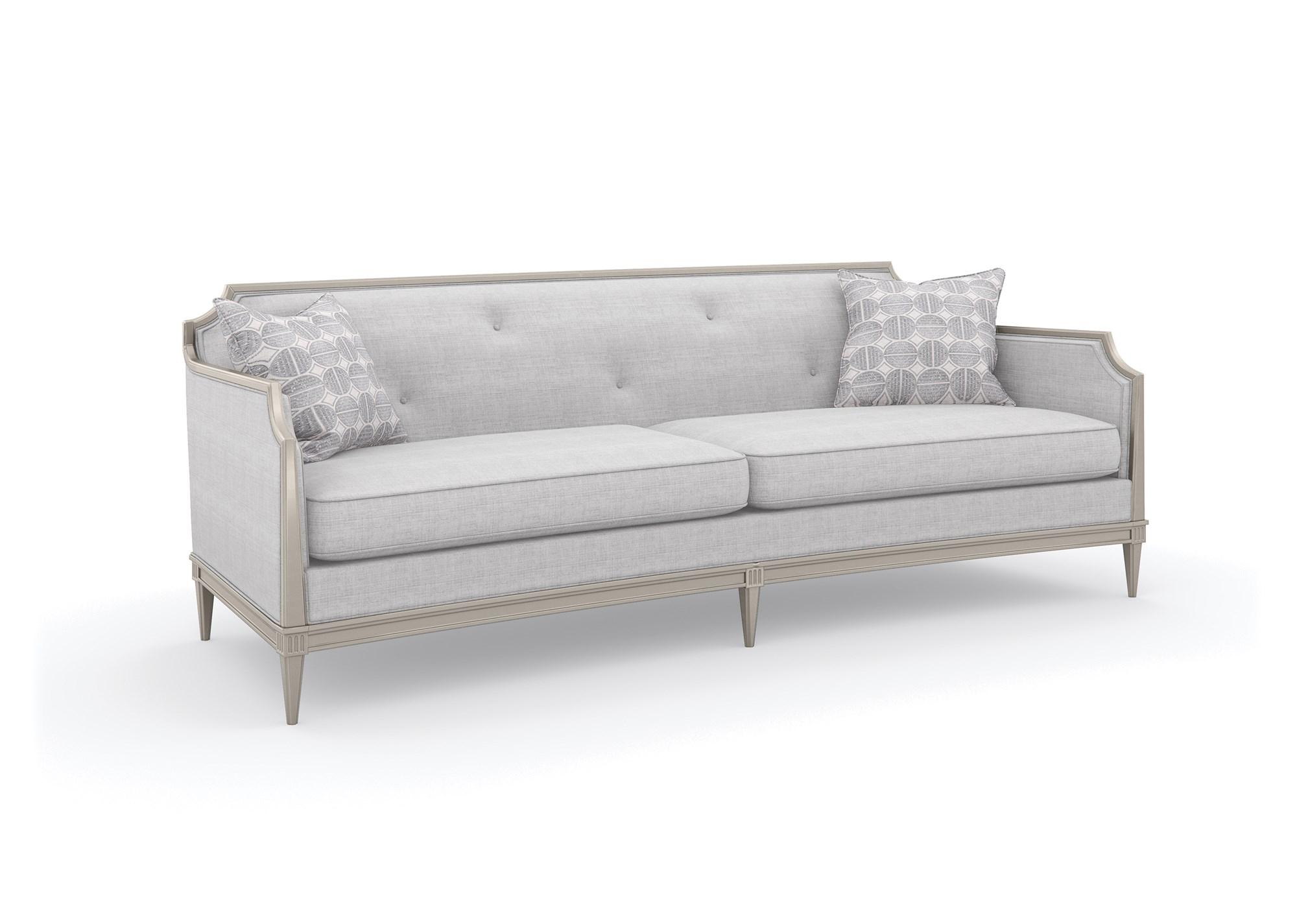 

    
Textured Grey Fabric & Matte Pearl Wood Frame Sofa FRAME OF REFERENCE by Caracole
