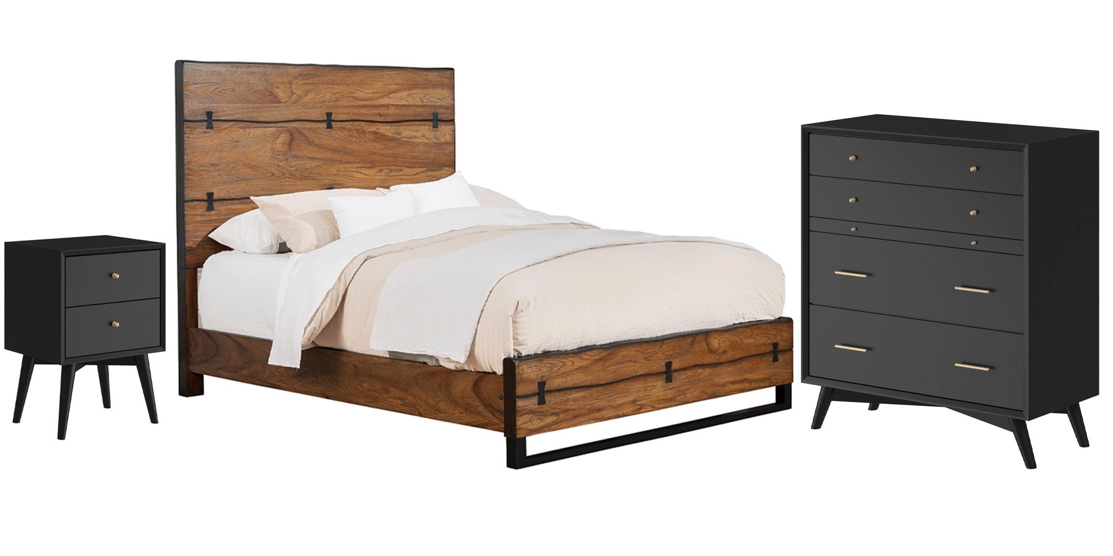 Modern, Rustic Panel Bedroom Set LIVE EDGE / FLYNN 5200-01Q-Set-3 in Tobacco, Black 