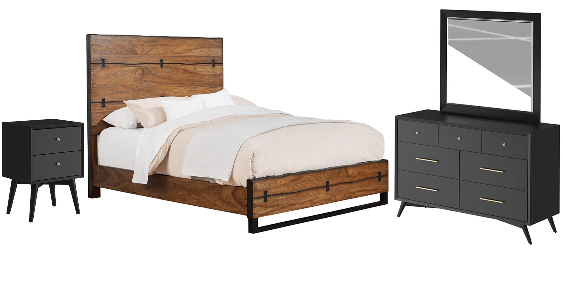 Modern, Rustic Panel Bedroom Set LIVE EDGE / FLYNN 5200-01Q-Set-4 in Tobacco, Black 