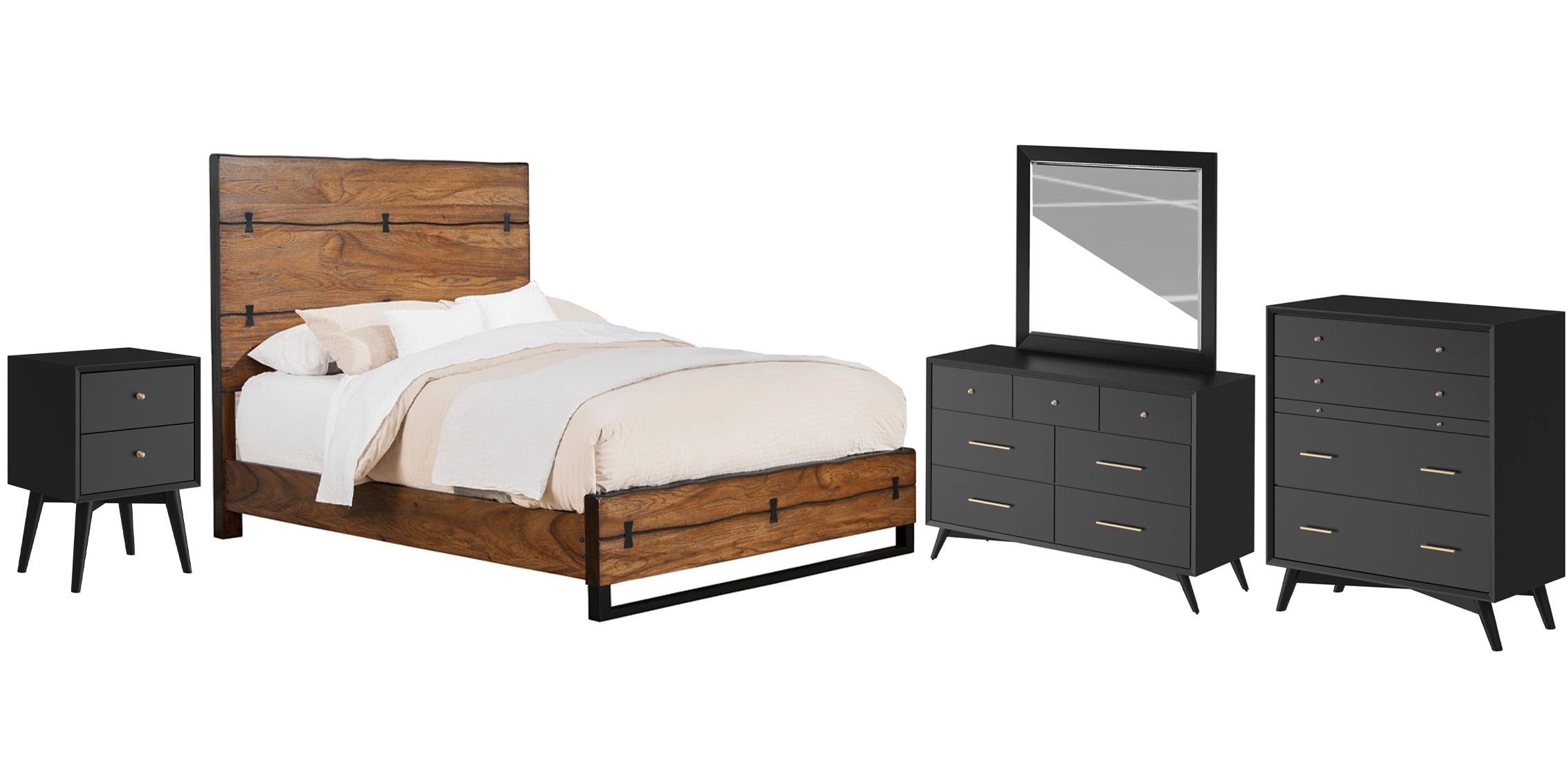 Modern, Rustic Panel Bedroom Set LIVE EDGE / FLYNN 5200-01Q-Set-5 in Tobacco, Black 