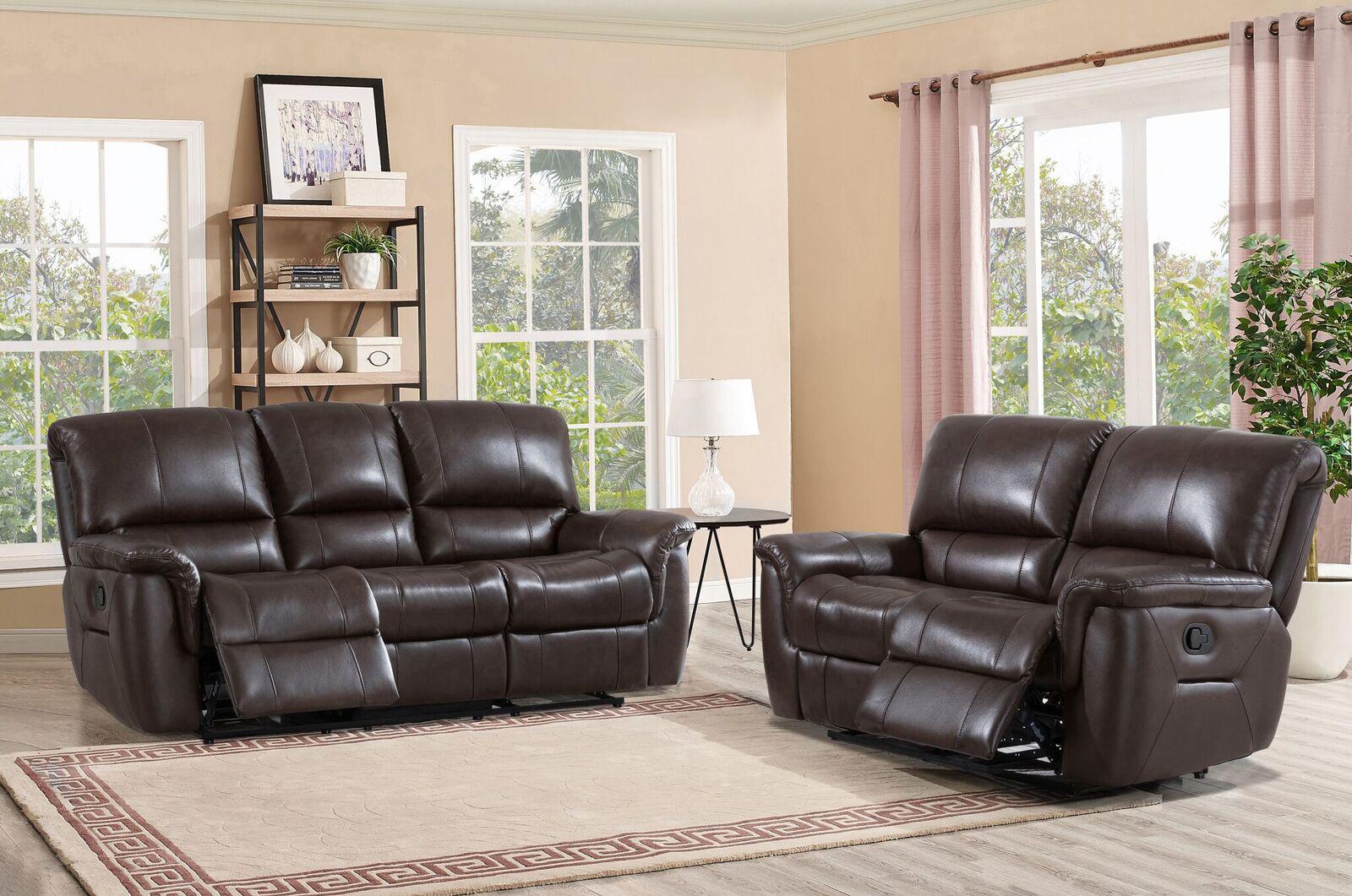 

    
Top Grain Leather Brown Reclining Sofa Set 2 Pcs Bidwell HYDELINE®

