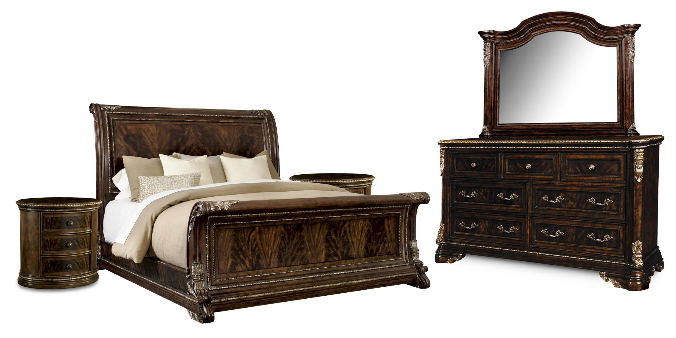 Traditional Sleigh Bedroom Set HD-80002 HD-80002-Q-Set-5 in Cherry, Brown Lacquer