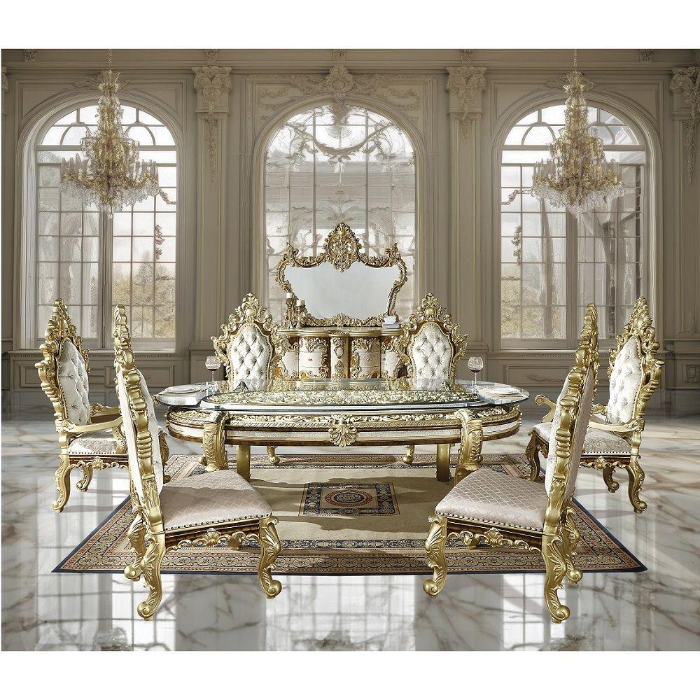 

    
Traditional Antique Gold/Brown Wood Dining Room Set 10PCS Acme Desiderius DN60000-10PCS

