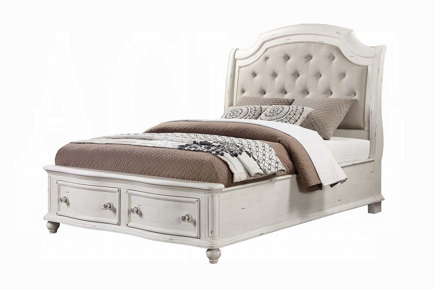 Traditional Storage Bed Jaqueline King Storage Bed BD01432EK BD01432EK in Antique White, Gray Linen
