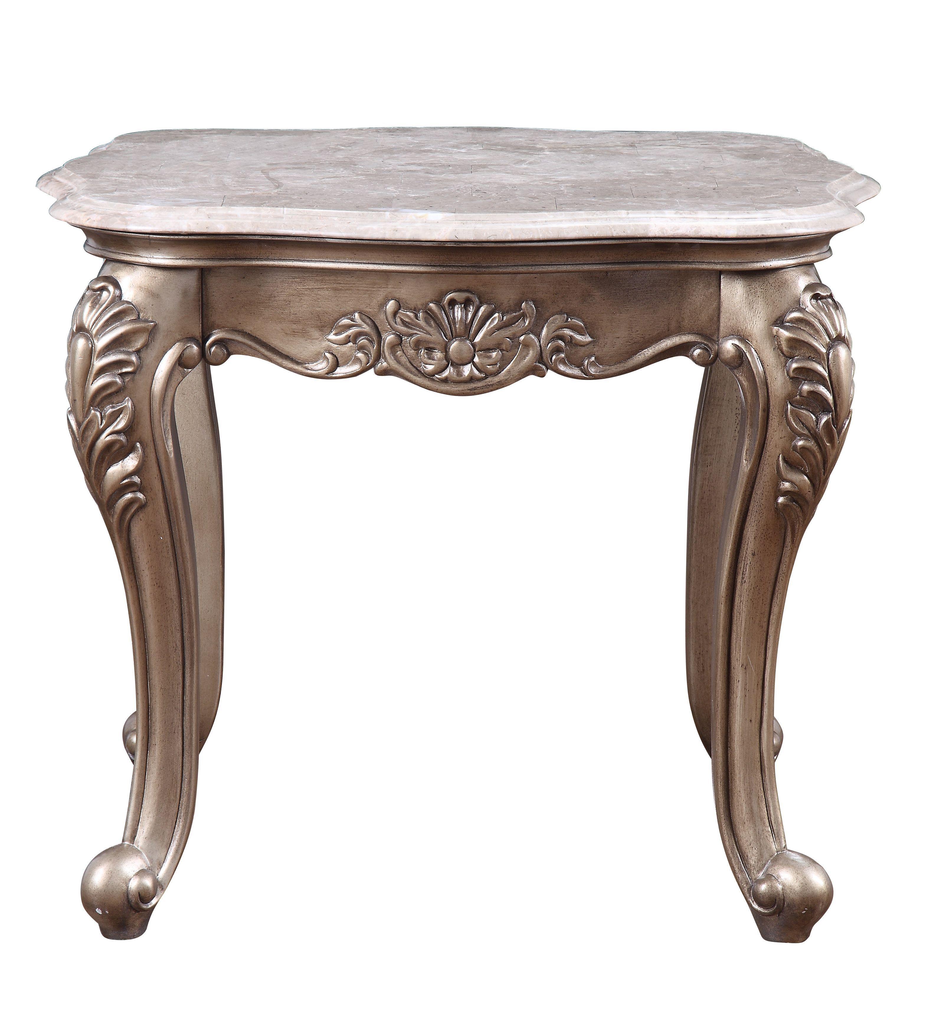 

    
Traditional Beige Marble & Champagne End Table by Acme Jayceon 84867
