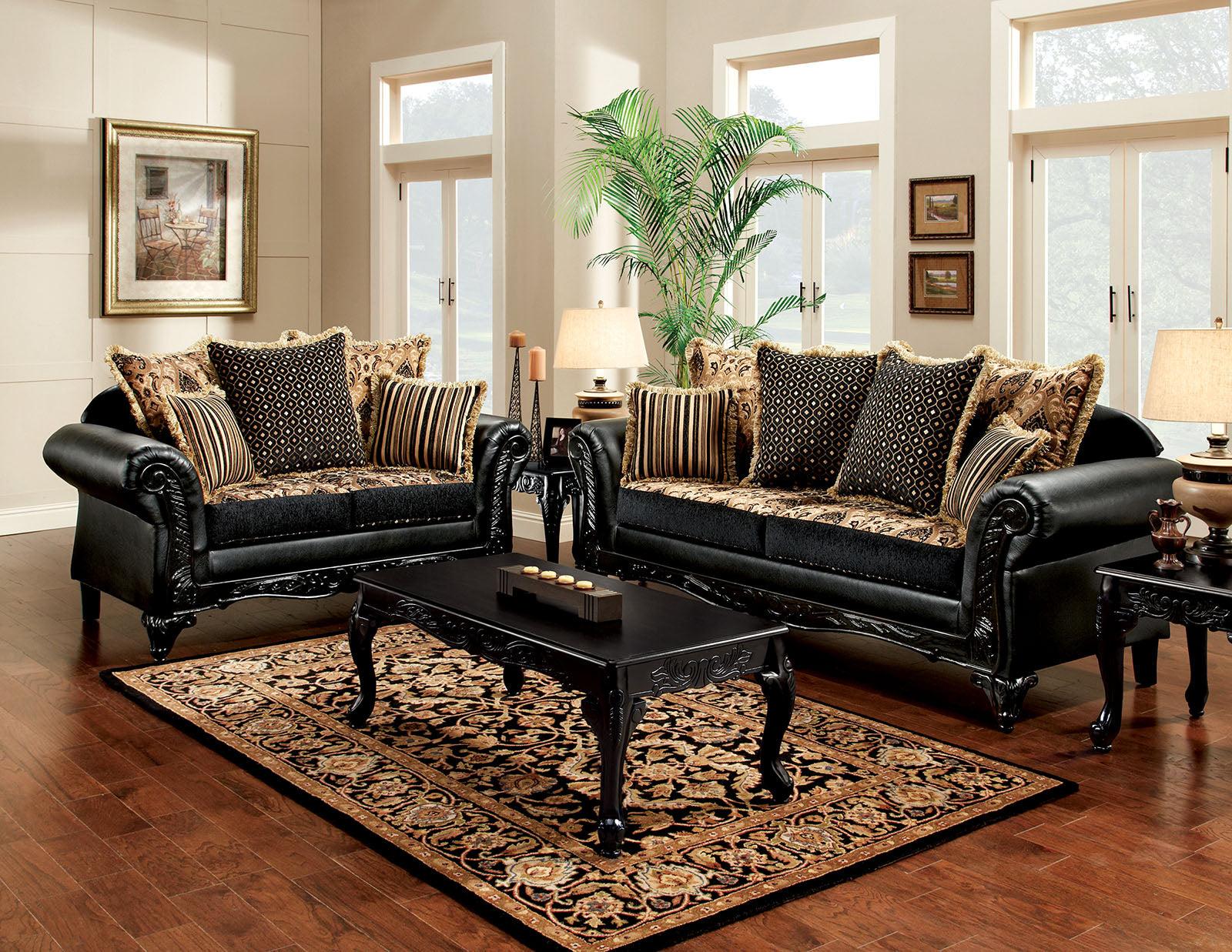 Traditional Sofa Loveseat and Coffee Table Set SM7505N-5PC Theodora & Cheshire SM7505N-5PC in Tan, Black Chenille